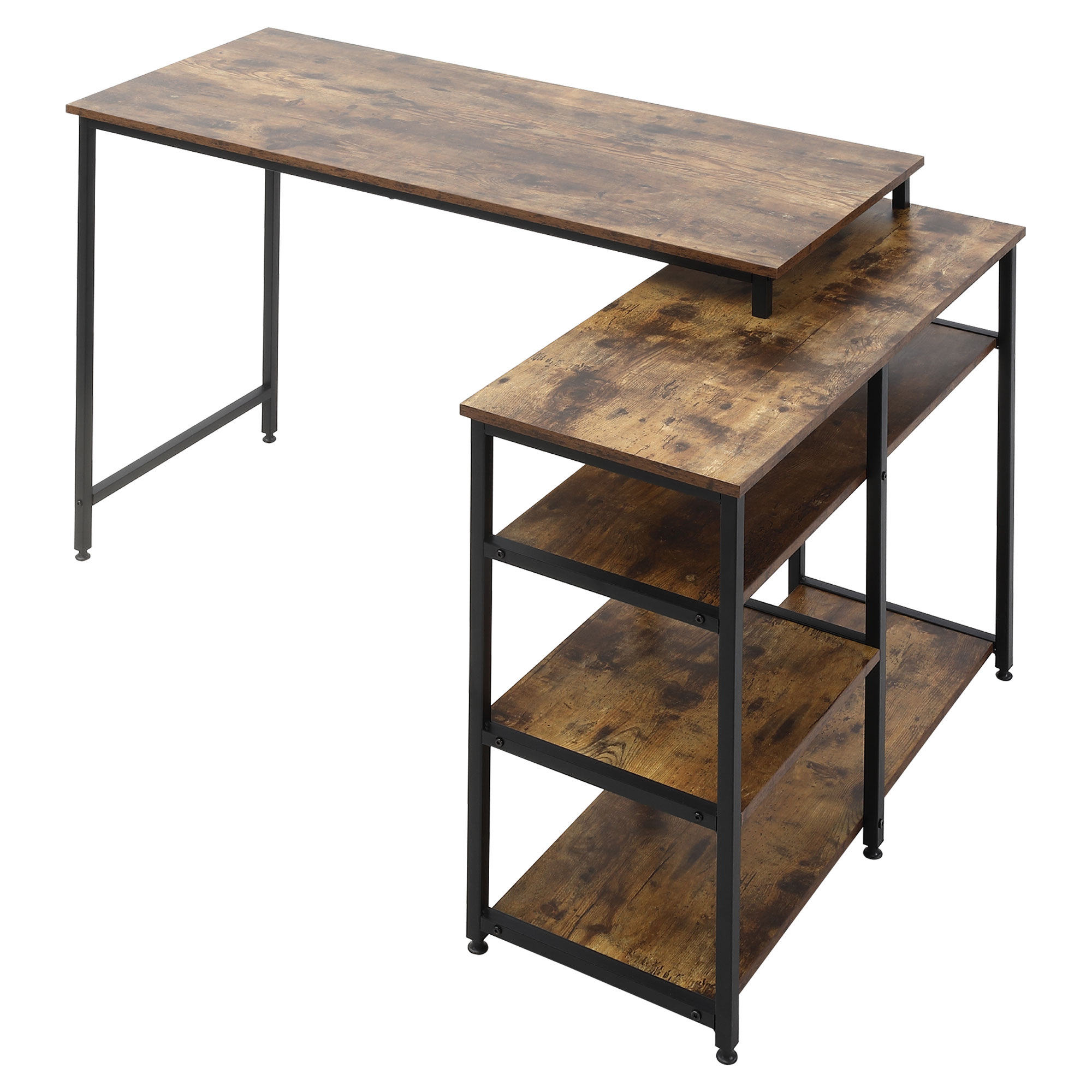 hoekbureau hoektafel PC-bureau computertafel kantoor tafel plank lade L-vorm spaanplaat metaal rustiek bruin 135 x 90 x 79 cm