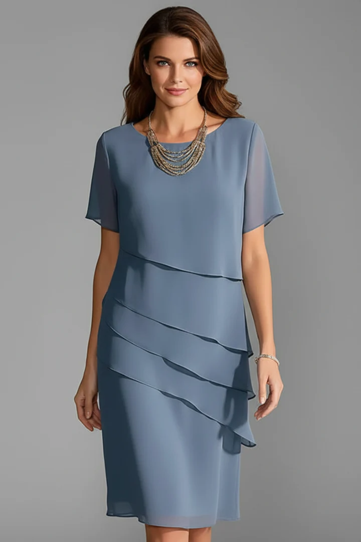 Damen Kurzarmkleid mit modischem Lagen-Look | Knielanges Kleid mit Rundhalsausschnitt und gerader Passform f��r den Alltag