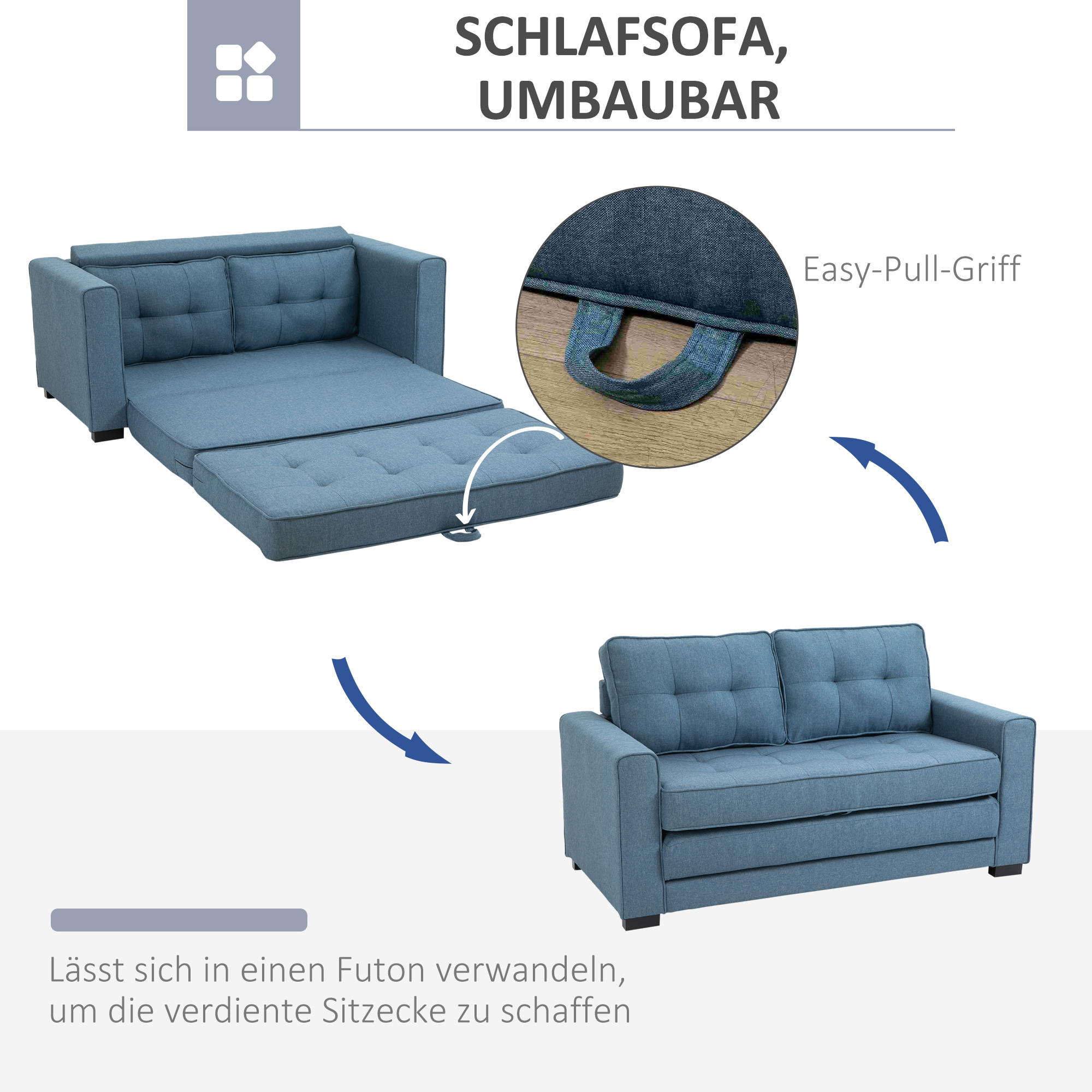 slaapbank, opklapbare sofa 2-zits, stoffen slaapbank, sofa met slaapfunctie, linnen touch, rubber hout, blauw, 147.5 x 75 x 85 cm