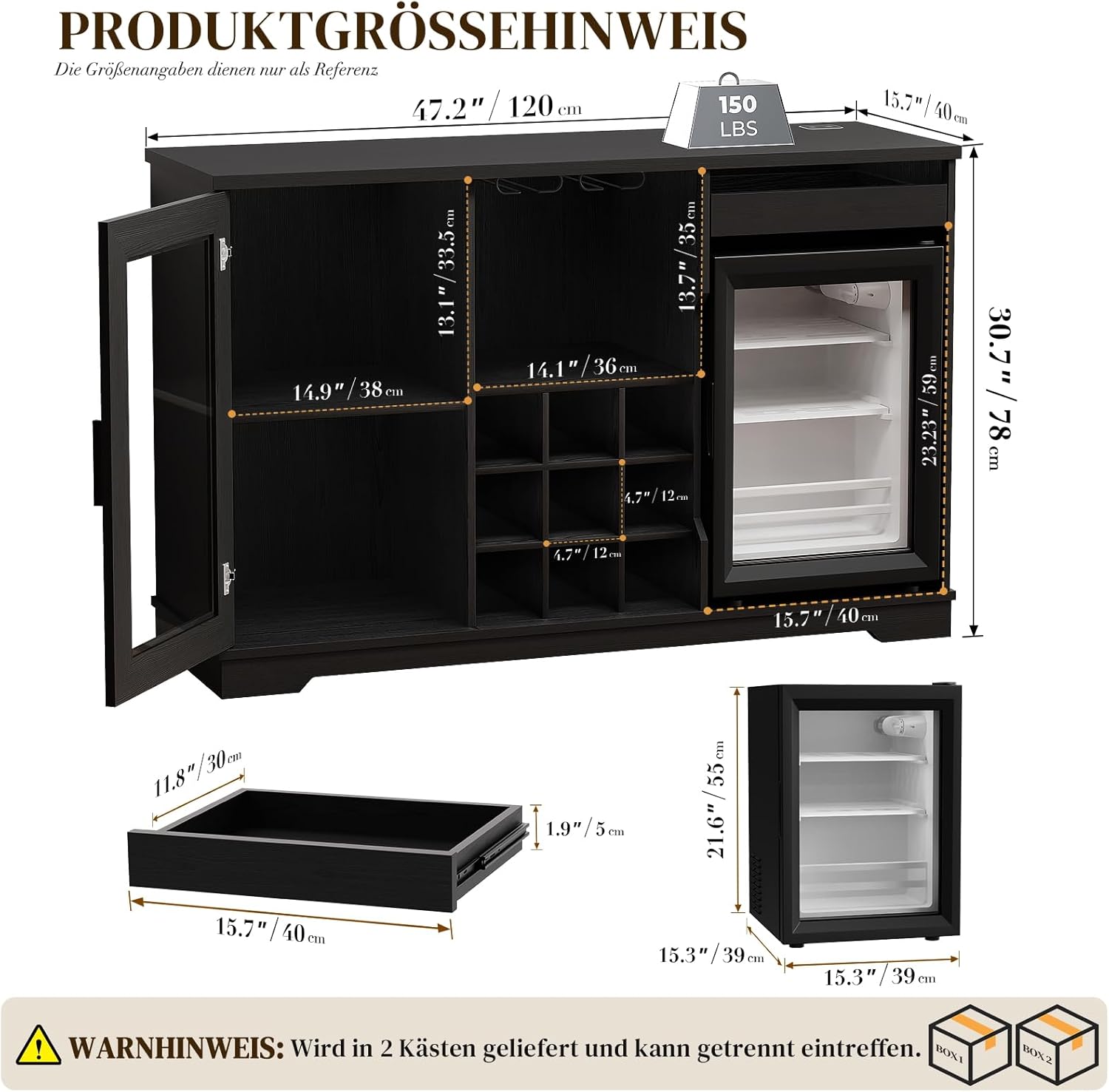 Barschrank mit Kühlschrank (inklusive), weinkühlschrank mit LED-Beleuchtung, Getränkeschrank Sideboard mit Bewegungssensor, Weinschrank für Wohnzimmer Küche Esszimmer (Schwarz)