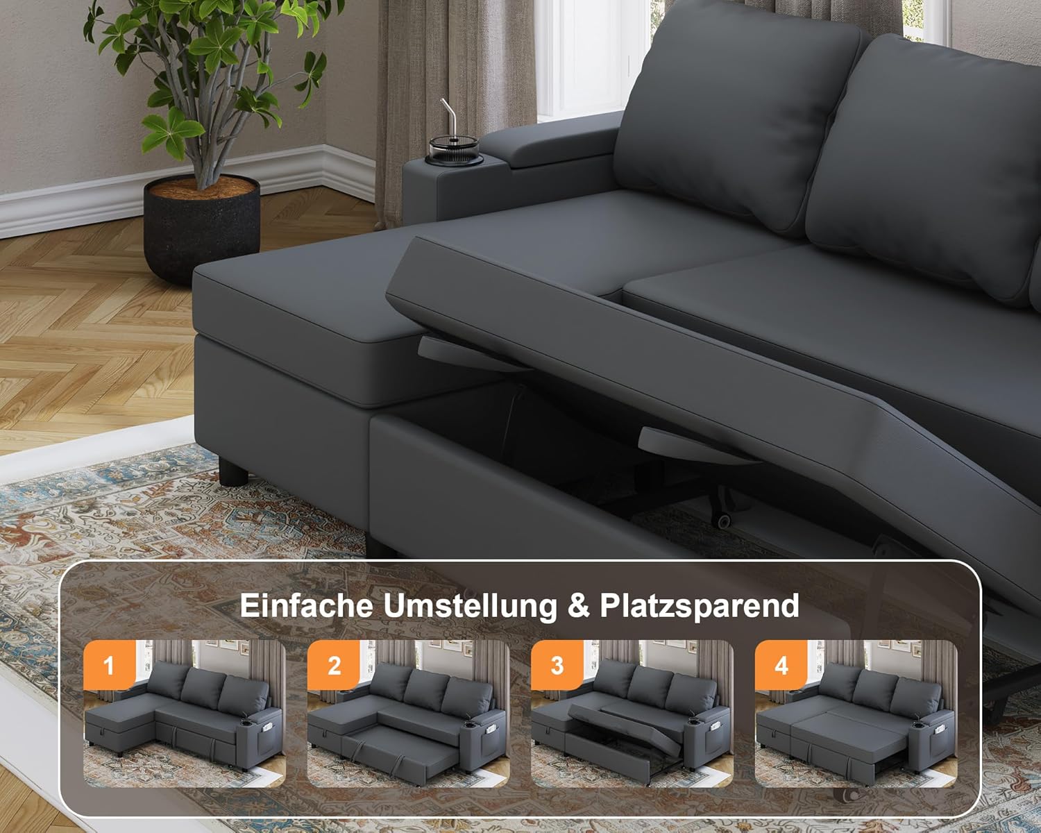 Devoko Ecksofa mit Schlaffunktion und Bettkasten L-Form Sofa 3-Sitzer Ausziehbares Schlafsofa Leder Couch Kleines Schlafcouch für Wohnung und Wohnzimmer, Schwarz