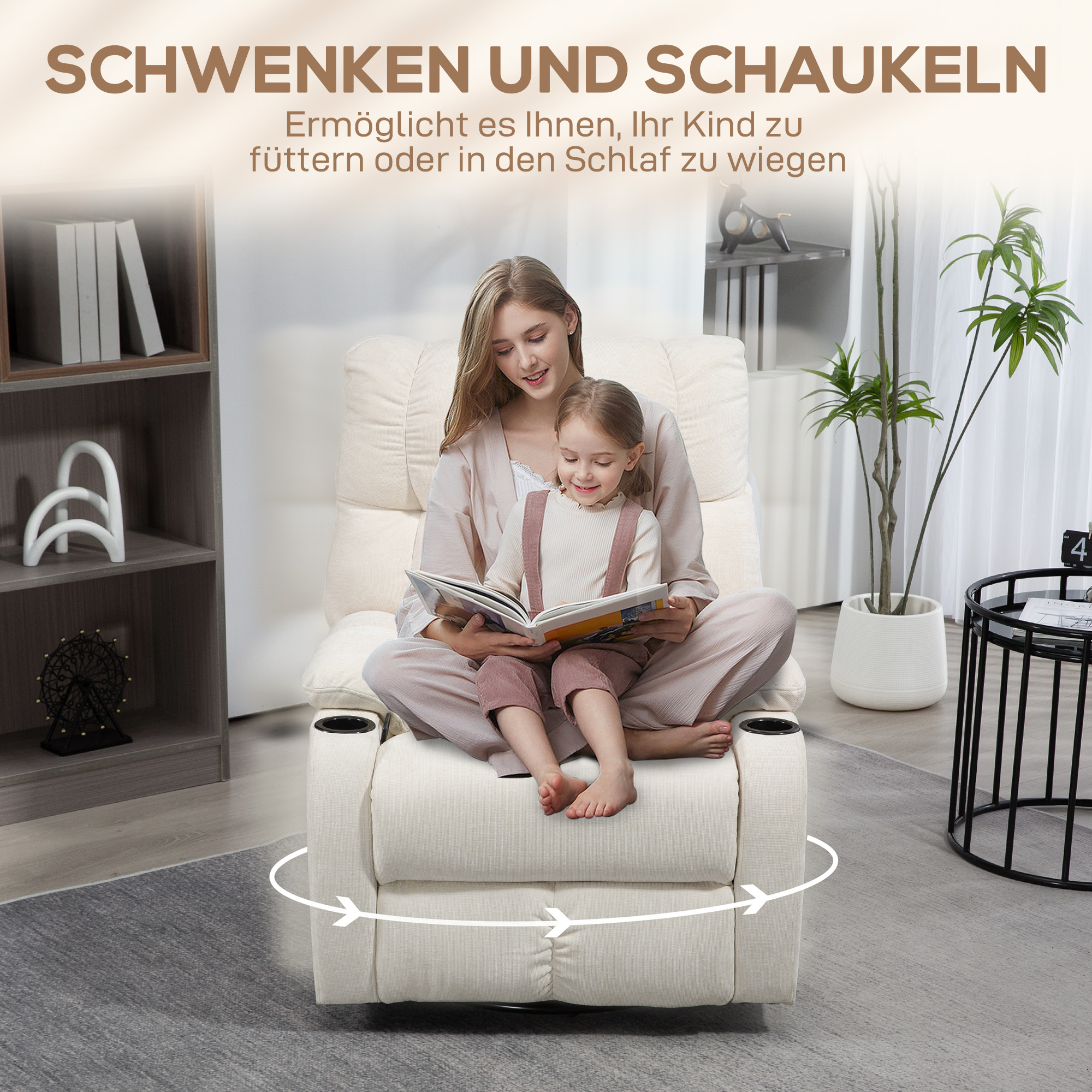 HOMCOM Relaxstoel met Voetensteun, Ligstoel, Draaibaar tot 150 kg, Stalen Frame, 88x96x108cm, Beige