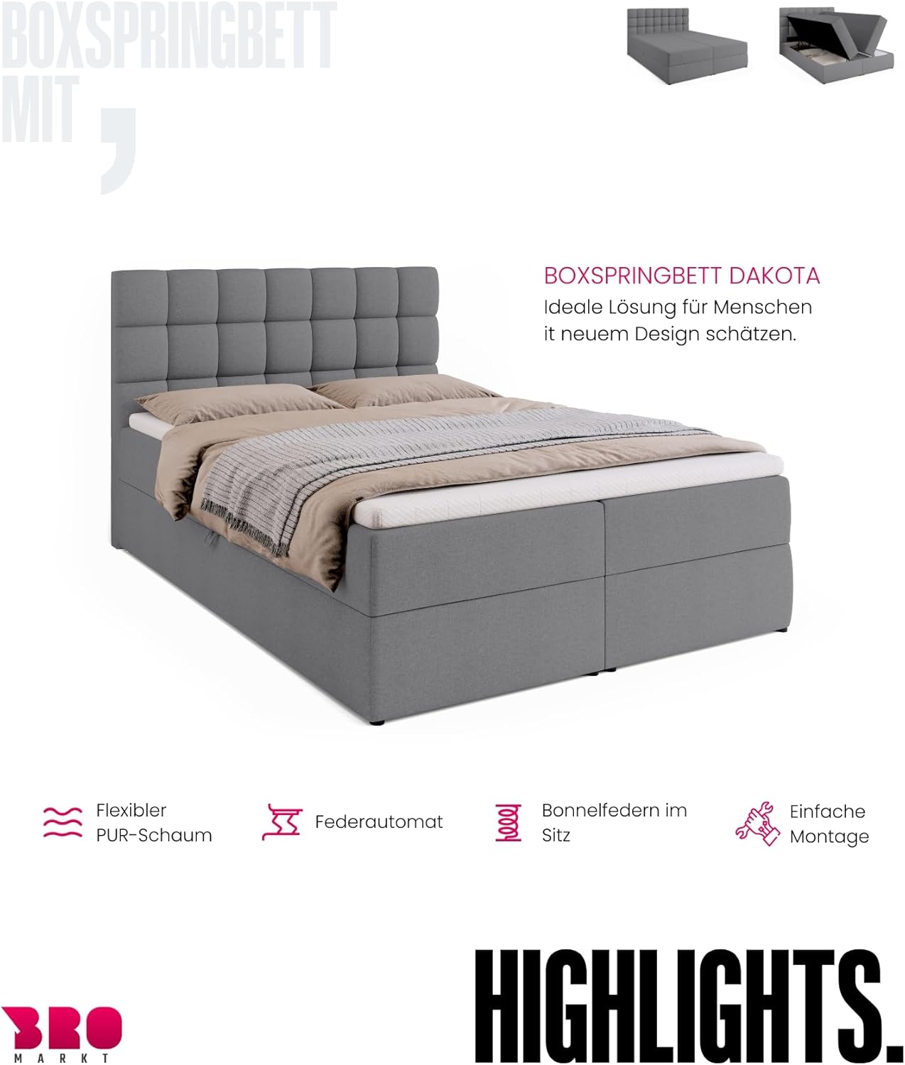 BROMARKT Boxspringbett mit Bettkasten Polsterbett mit Bonell-Matratze und Topper Bett für Schlafzimmer gepolstertes Kopfteil Dakota bonellfedern 140x200 Härtegrad H3 Grau Malmo