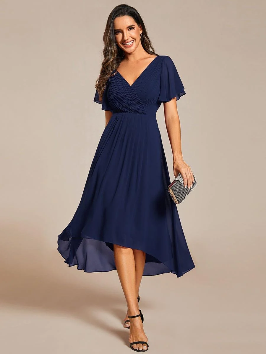 Damen Chiffon Kleid f��r Hochzeitsg?ste | Luftiges Vokuhila Design mit A-Linie und Empire-Taille | Festliches Abendkleid