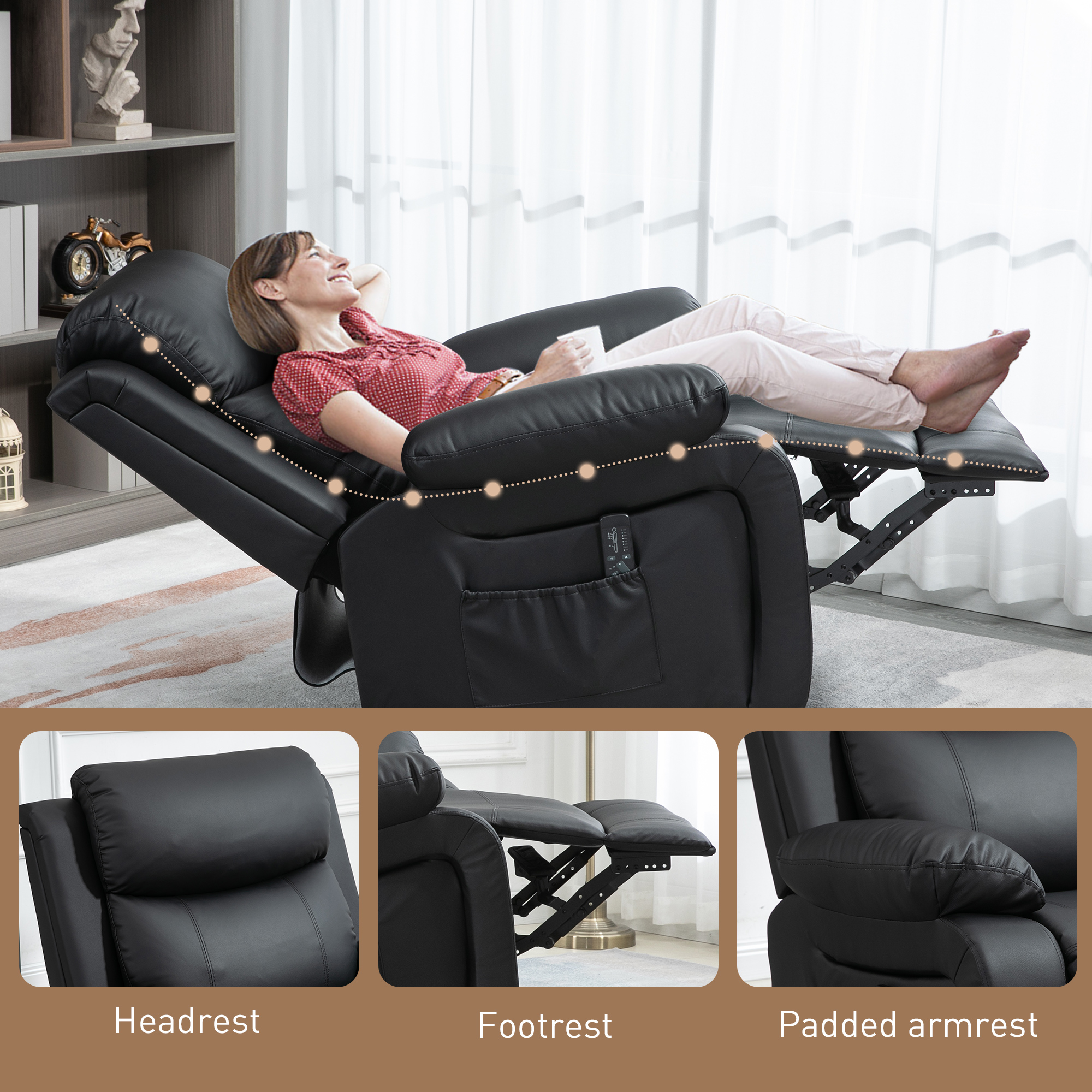 Massagestoel met 8 trillingskoppen, relaxfauteuil, verstelbare rugleuning en voetsteun, zwart