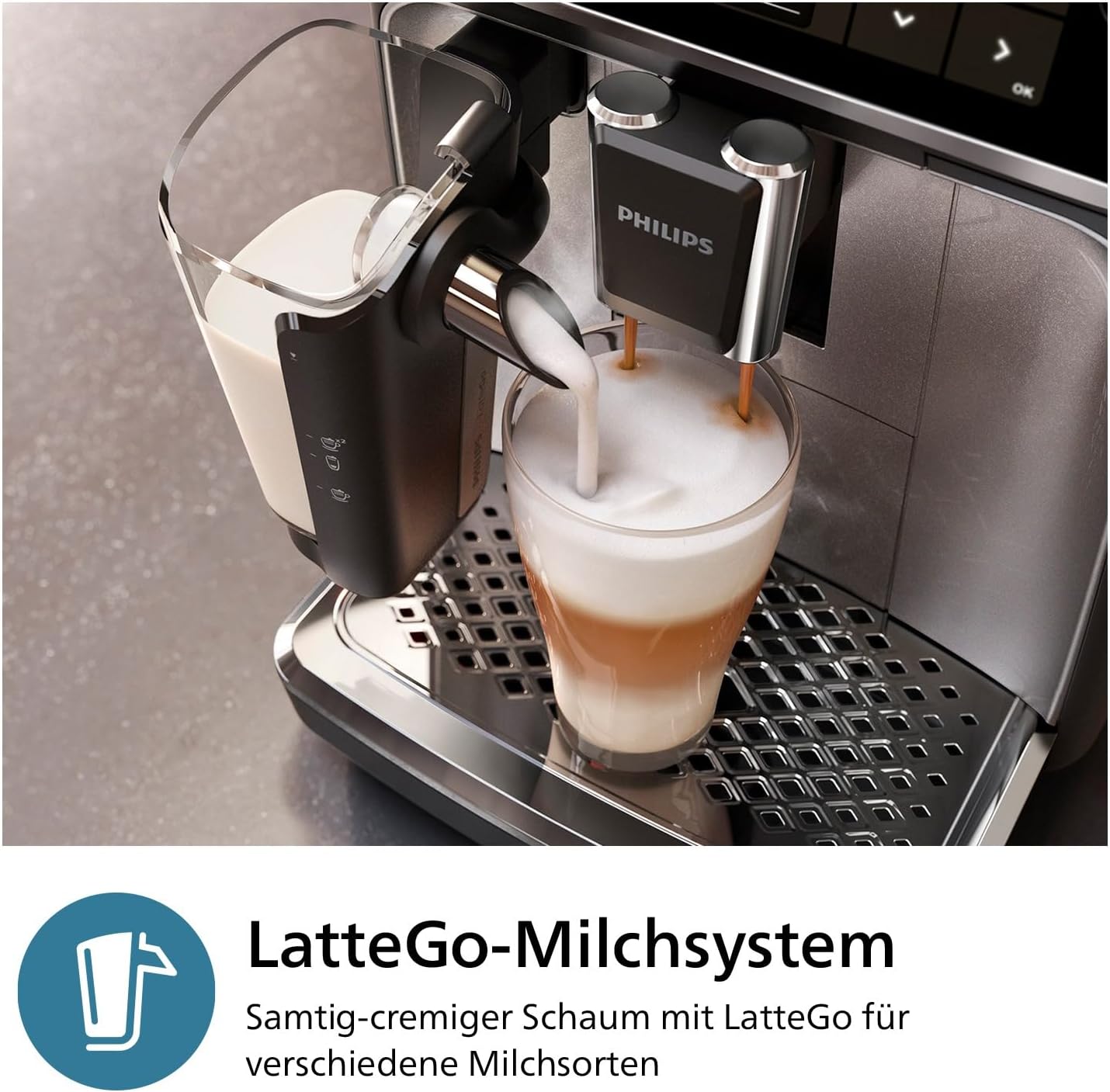 Philips 3300 Series Kaffeevollautomat - 6 Getränke, Modernes Farb-Touchscreen-Display, LatteGo-Milchsystem, SilentBrew, 100% Keramikmahlwerk, AquaClean Filter, Schwarzchrom (EP3347/90)