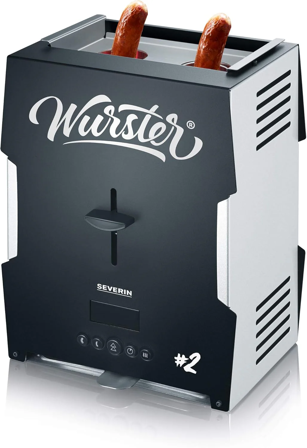 SEVERIN WURSTER, perfekt gebr?unte W��rstchen auf Knopfdruck in nur 5 Minuten, ohne Zugabe von Fremdfett, inkl. Holzzange, Schwarz, Edelstahl/Kunststoff, WT 5005