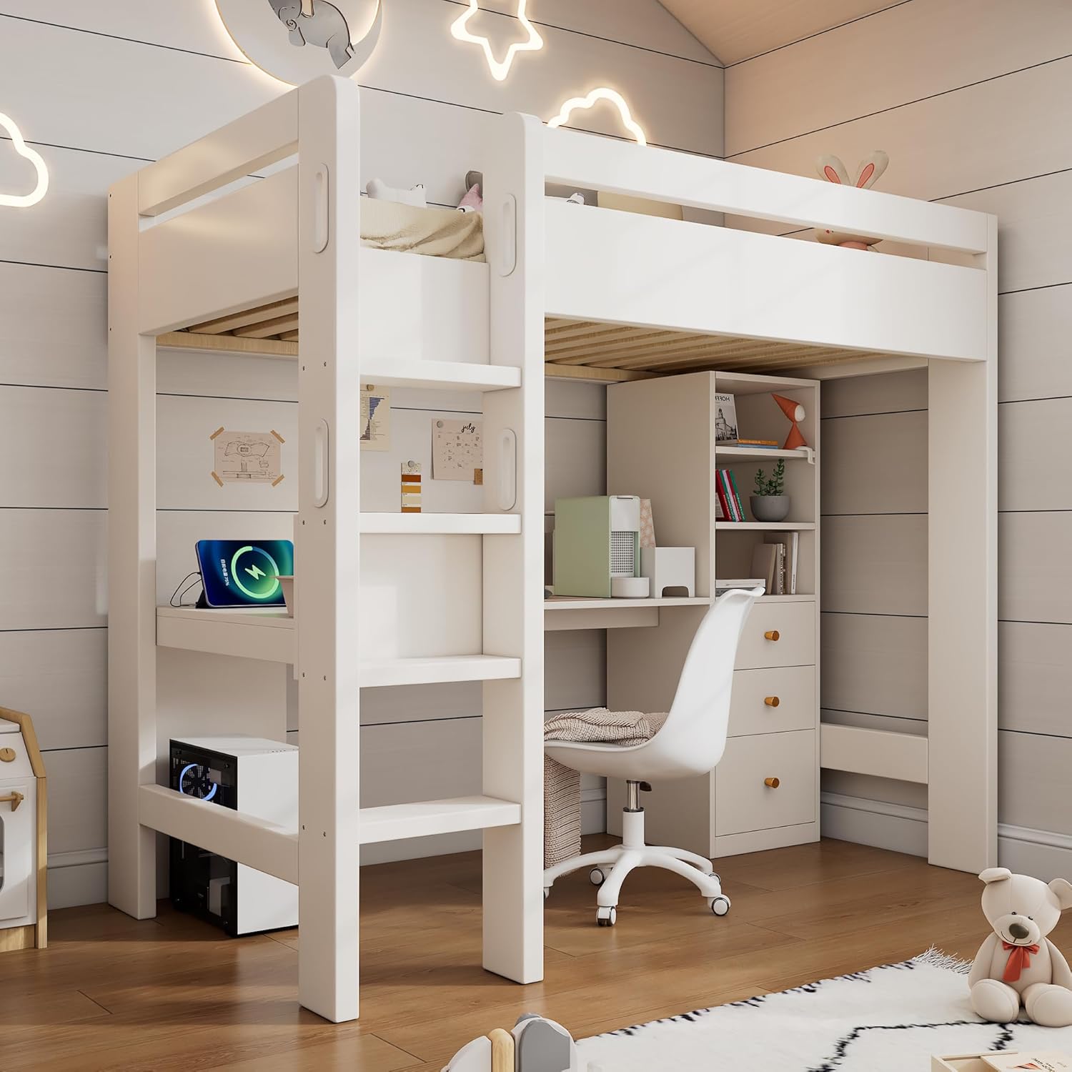 Hochbett Kinderbett 90×200 cm mit Schreibtisch und USB-C, Bett mit Regal und Schubladen Stauraum, Etagenbett mit Leiter, Holzbett mit Rausfallschutz und Lattenrost aus Holz, Weiß, Ohne Matratze