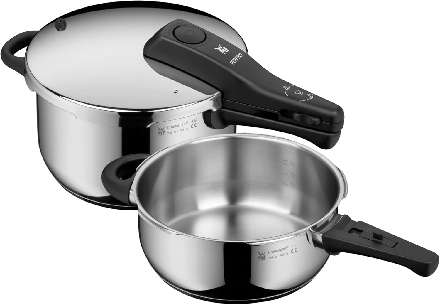 WMF Perfect One Pot Schnellkochtopf Induktion Set 2-teilig, Dampfkochtopf 4,5l, 3l, großes Kochsignal, 2 Kochstufen, abnehmbarer Deckelgriff, für alle Herdarten geeignet, Edelstahl