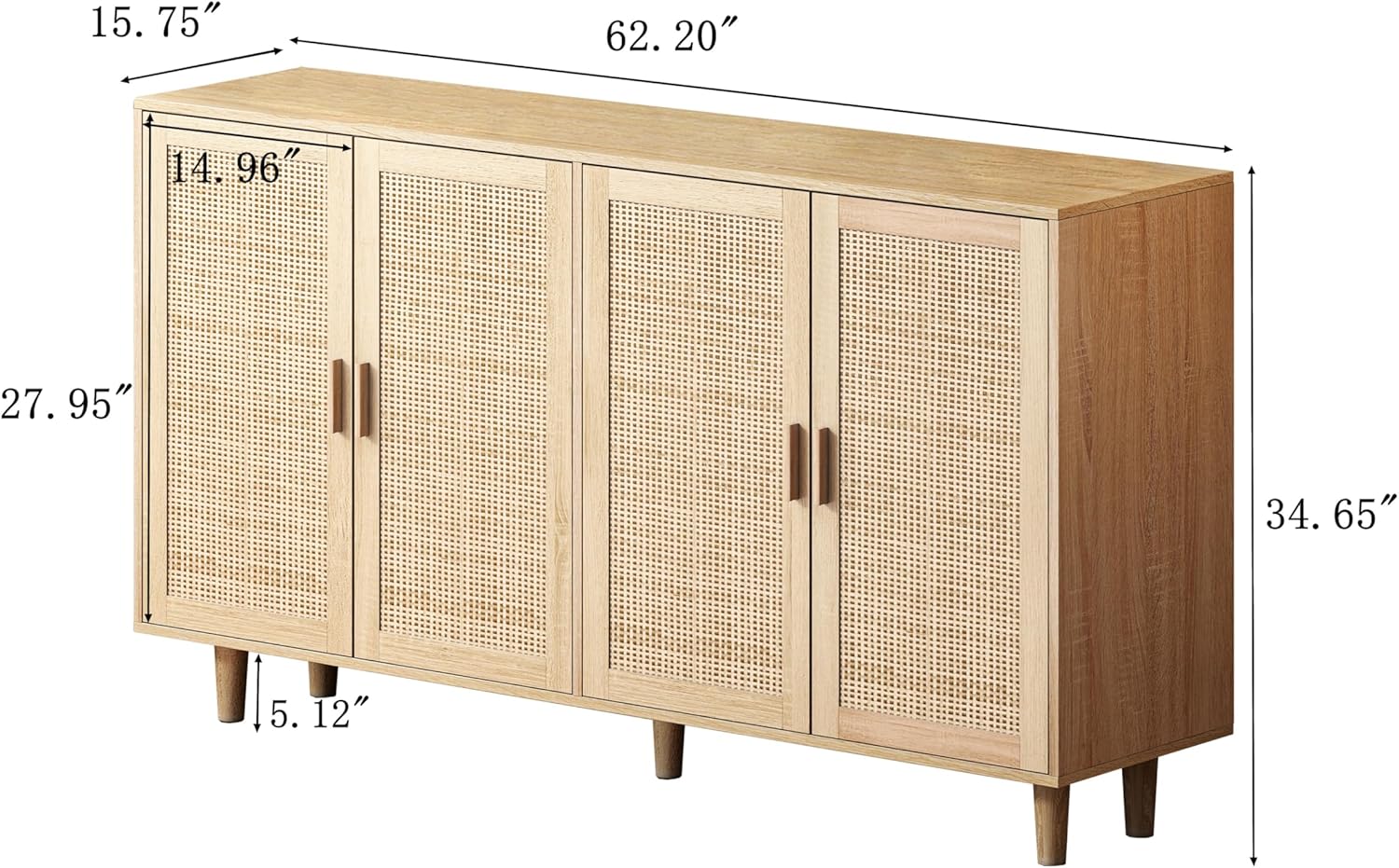 Sideboard mit verstellbaren Ablagen, Modernen Kommode mit 4 Türen, Rattan TV-Tisch mit viel Stauraum für Esszimmer, Wohnzimmer & Schlafzimmer, 158x40x88cm, Easy Assembly Holzfarbe (Holzfarbe)