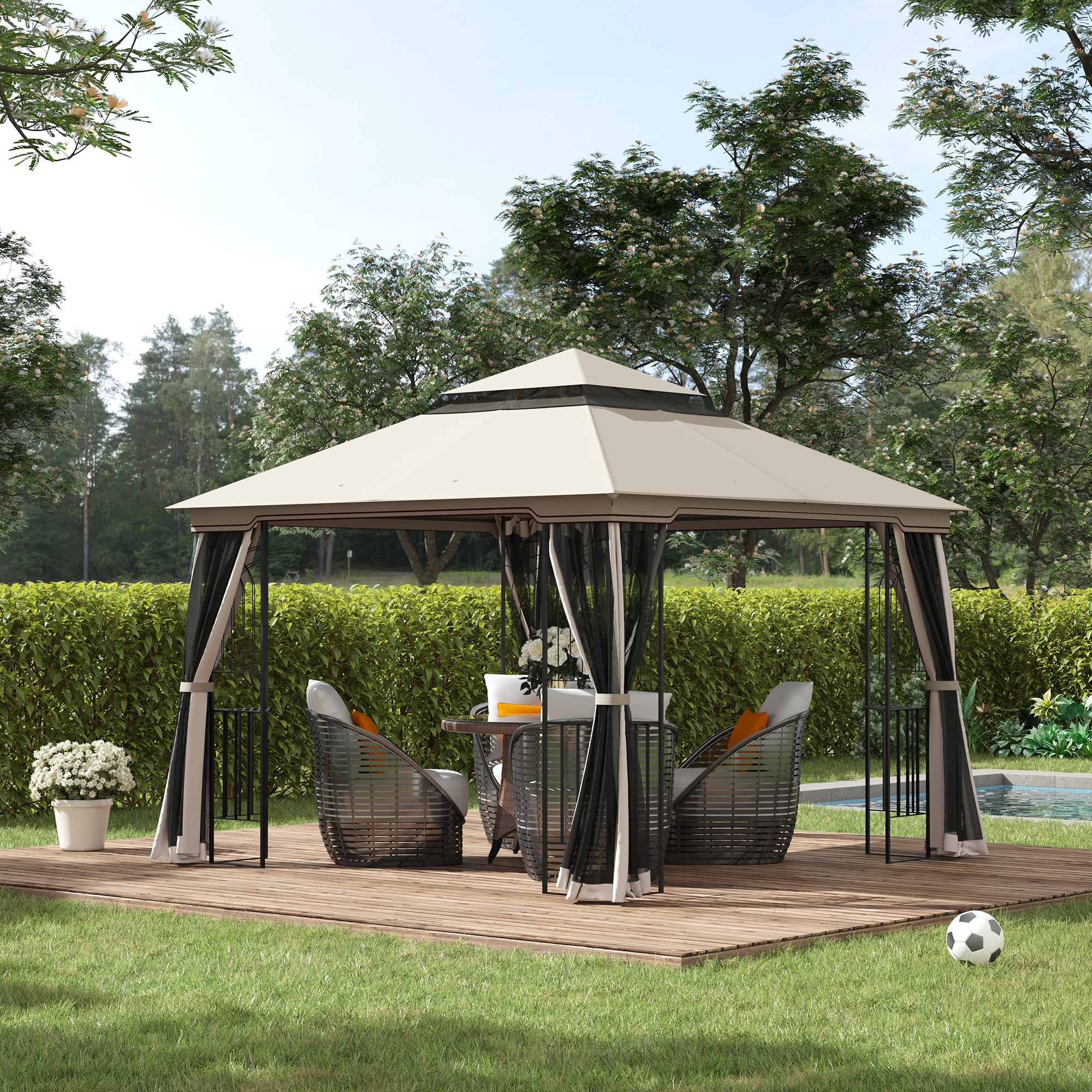 tuinprieel met dubbel dak tuinprieel partytent met 4 x zijwand metaal+polyester beige 2,99 x 2,99 x 2,74 m