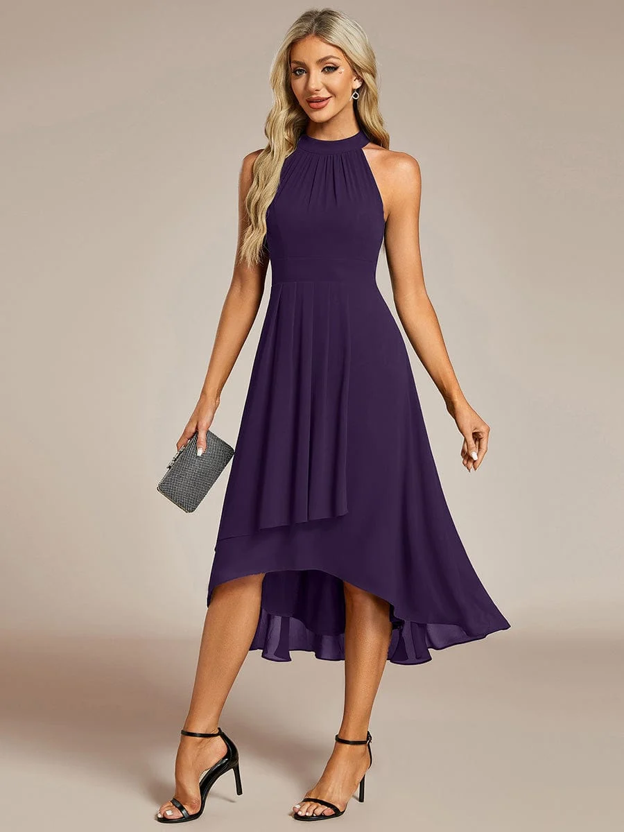 Damen Chiffon Midi-Kleid in A-Linie | Festliches Halterneck Kleid mit Plissee-Details | Sommerliches Kleid f��r Hochzeitsg?ste