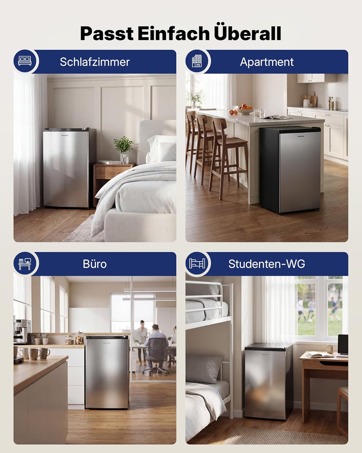 Upstreman 91L Kleiner Kühlschrank mit Schnellkühlfach, 5 Temperaturstufen (0-10℃), Energieeffizient, 41 dB Leiser Betrieb, Kompakt Geräumig für Studentenwohnheim/Büro, BR321-Silber