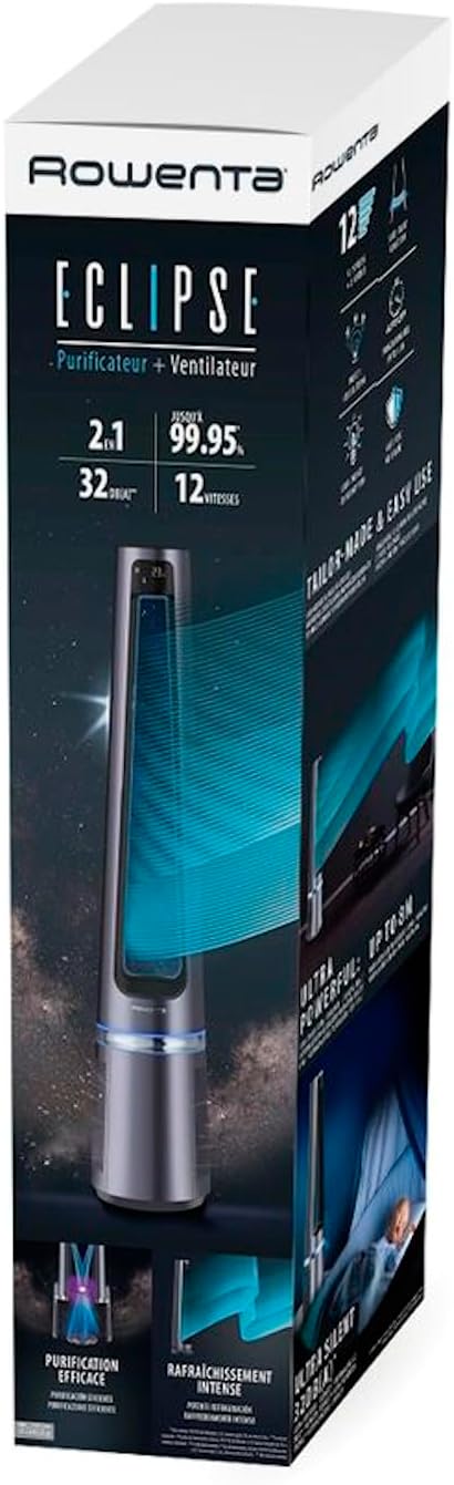 Rowenta QU5062 Eclipse 3in1 Luftreiniger, Heizlüfter, Ventilator, filtert 99,9% der Partikel, für 30 m2 Raumgröße, schnelle Heizung bis zu 35°C, automatischer Tag- und Nachtmodus, Schwarz/Grau