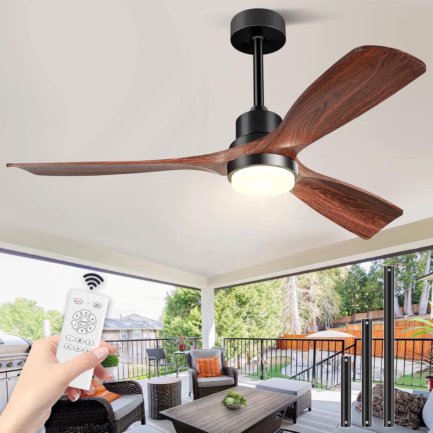 Deckenventilator mit Beleuchtung und Fernbedienung, Leise DC Motor, 132 cm/52 Zoll, 3 Holz Flügeln, Timer, 6 Geschwindigkeiten, ETL-gelistet, Sommer Winterbetrieb für Schlafzimmer