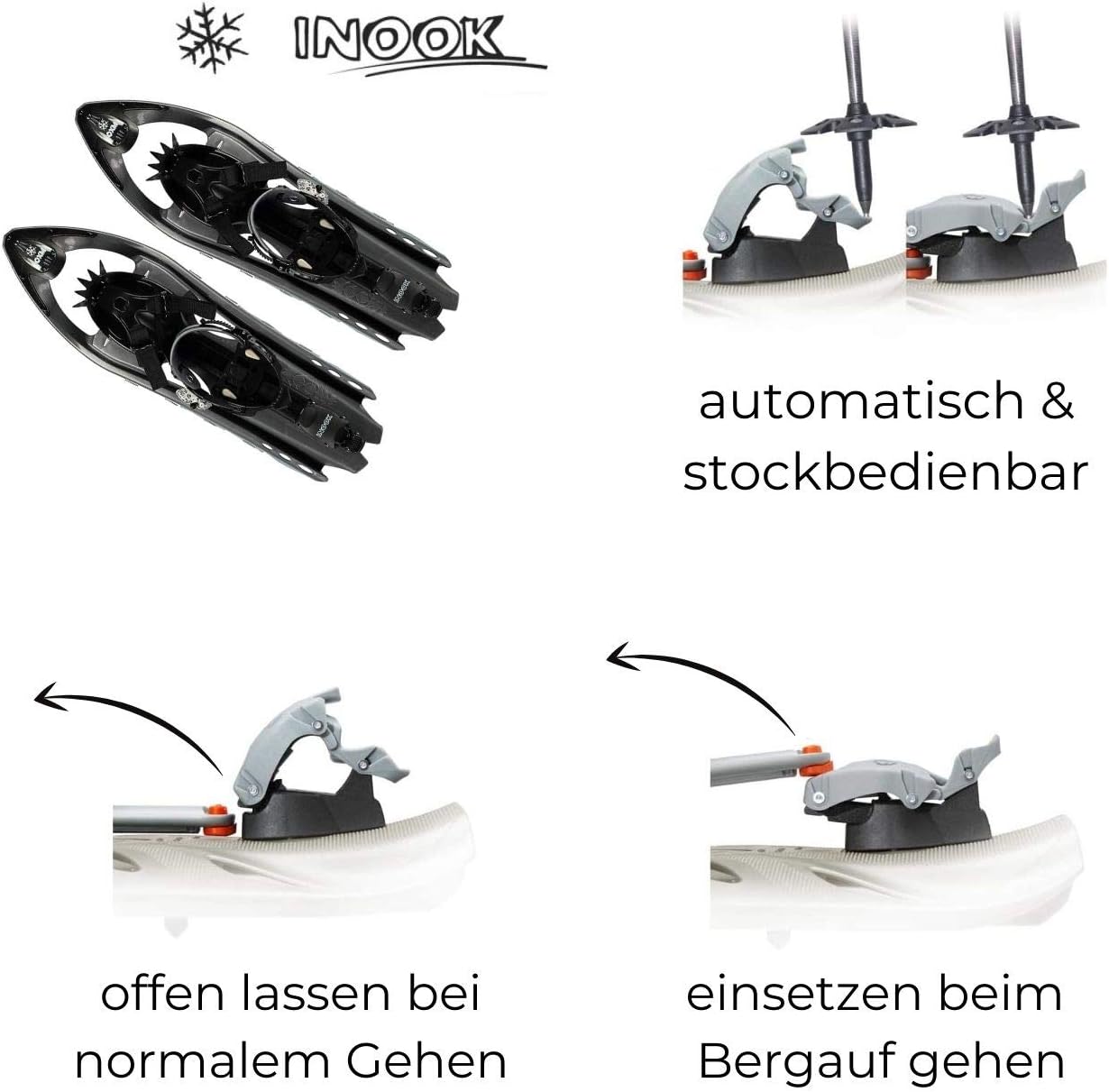 INOOK OXM Schneeschuhe Carbon - Schneeschuhe mit Steighilfe - Set mit Tragetasche und Karbonstöcken - Größenverstellbar - Hochwertig & Robust - Made in France