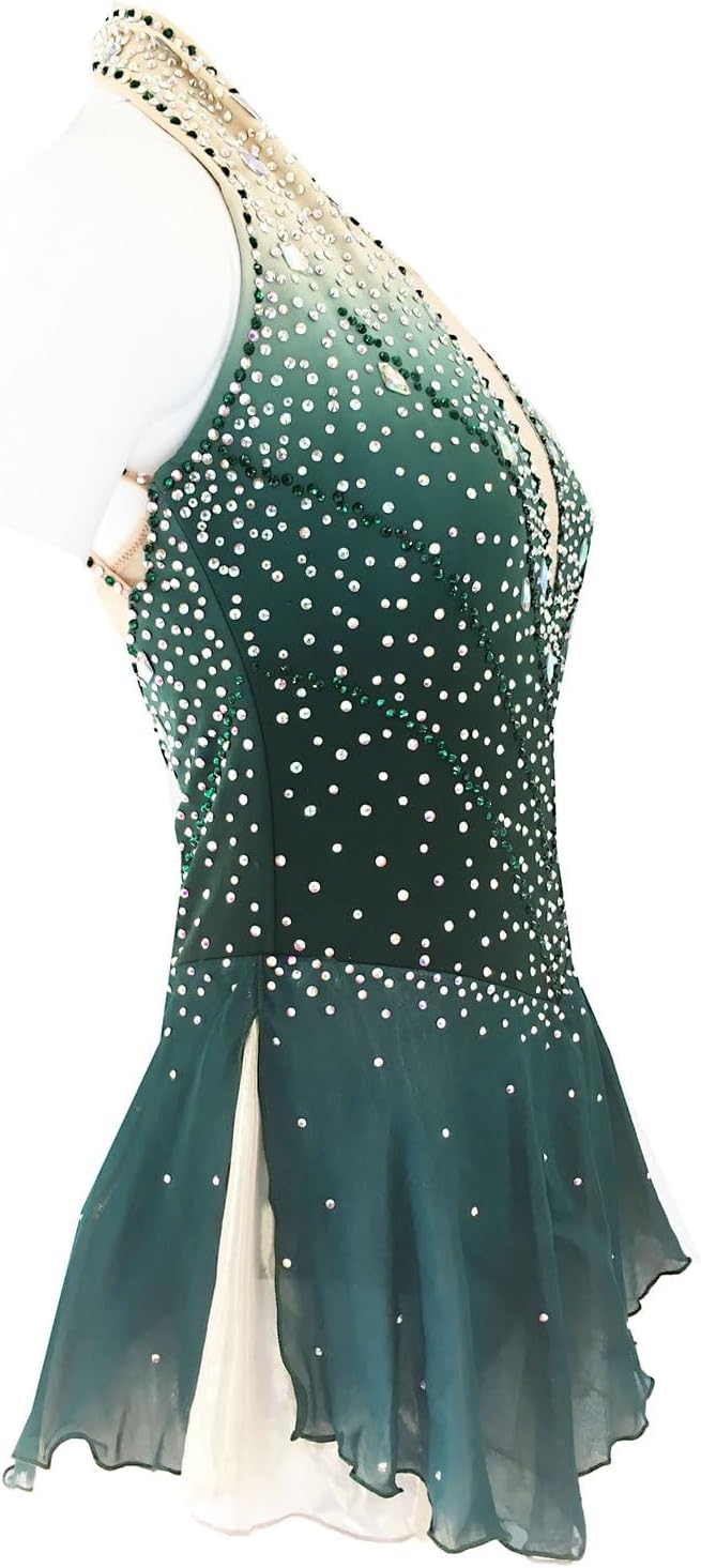 Eiskunstlauf Kleid Frauen Mädchen Eislaufen Kleid Dark Green Open Back Micro Elastisches Training Eislauf-Abnutzungs Strass Ärmellos Eislaufen Eiskunstlauf