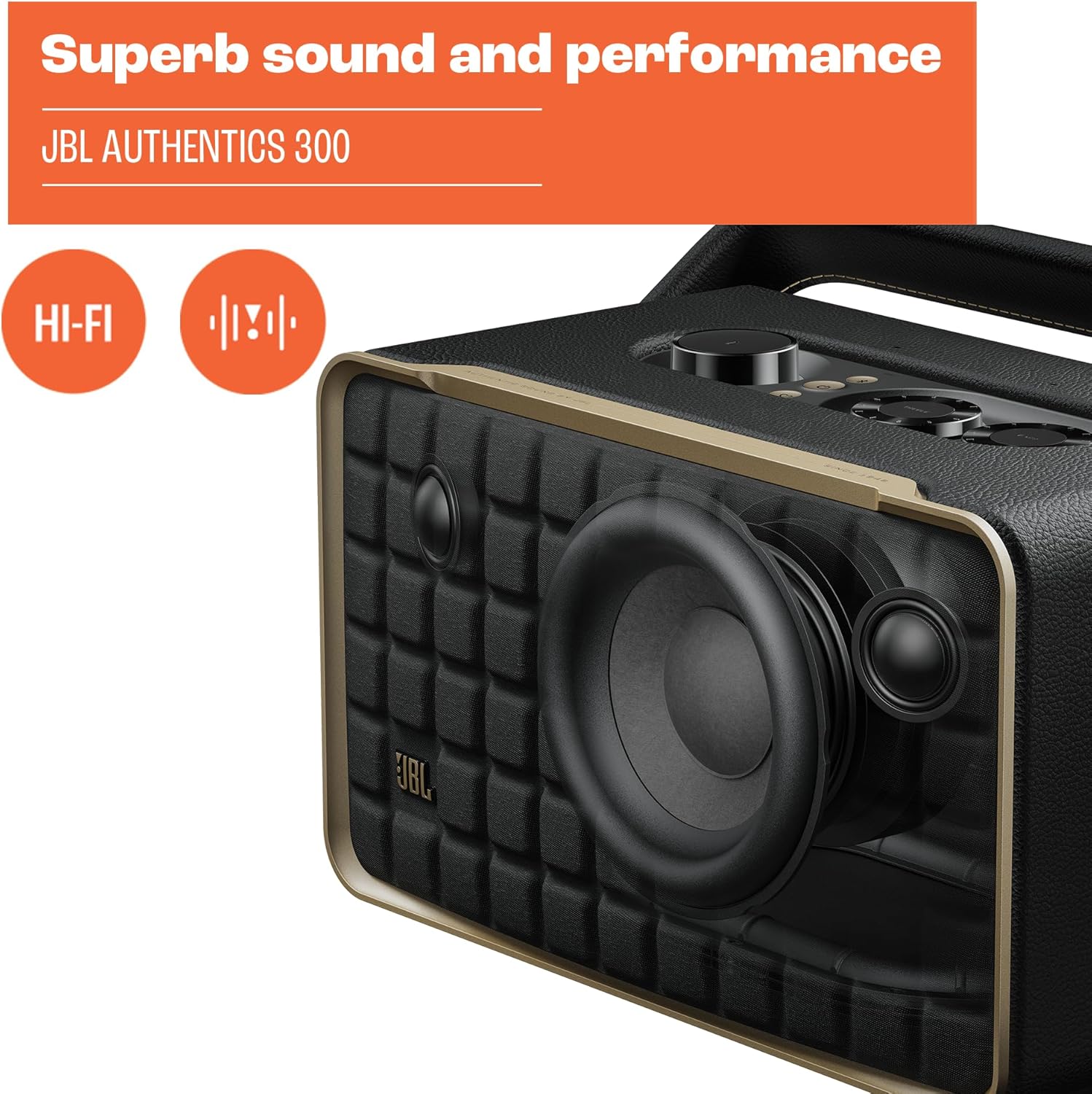 JBL Authentics 200 Smart Home Lautsprecher – 70er Jahre Retro-Design Bluetooth Box – Mit Quadrex Grill, Google Assistant, Alexa, AirPlay und JBL One App – Schwarz