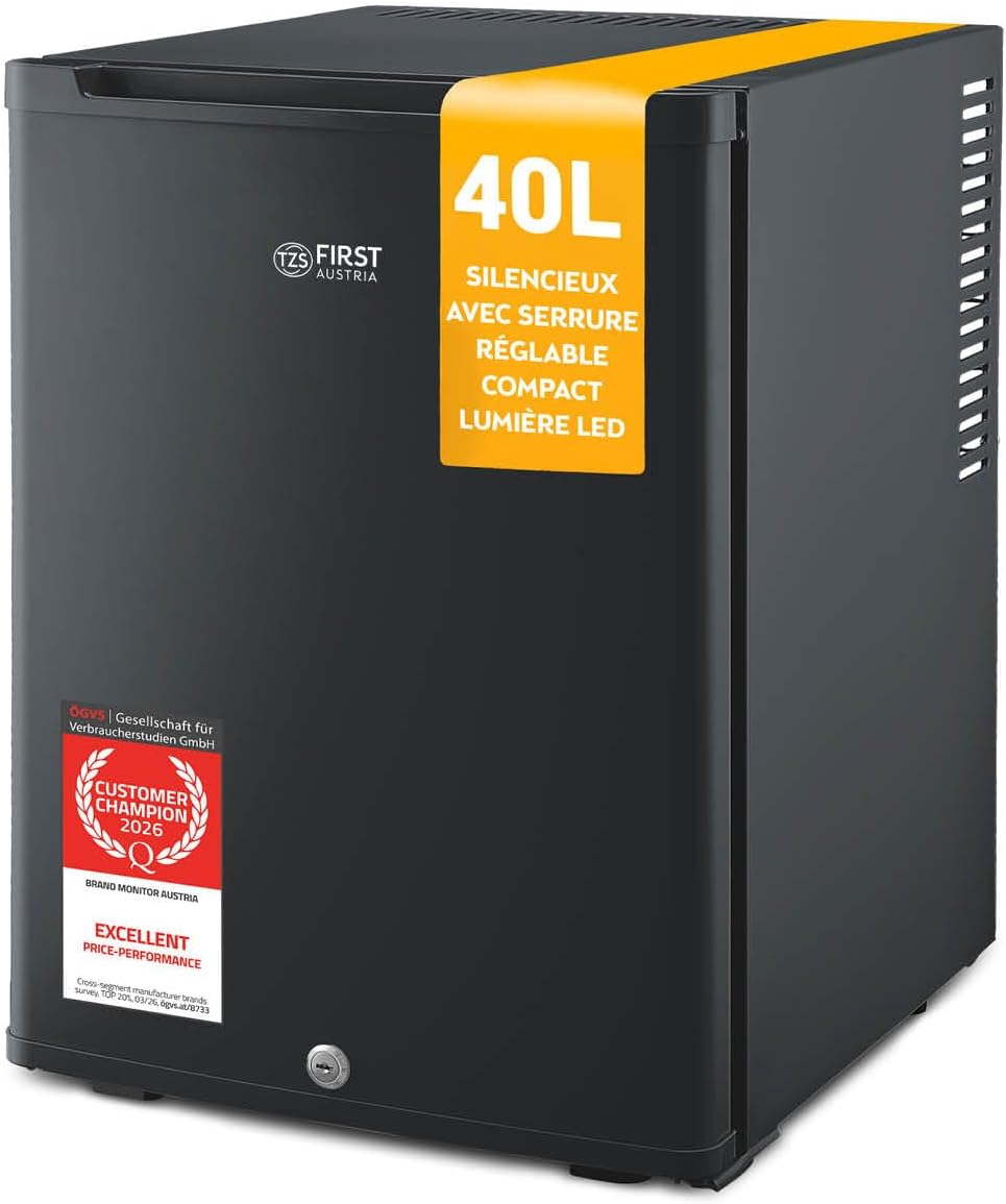 TZS First Austria - Mini réfrigérateur 40L silencieux - Petit mini-frigo avec porte réversible et lumière intérieure - Minibar pour camping, bureau, chambre & hôtel - Noir mat