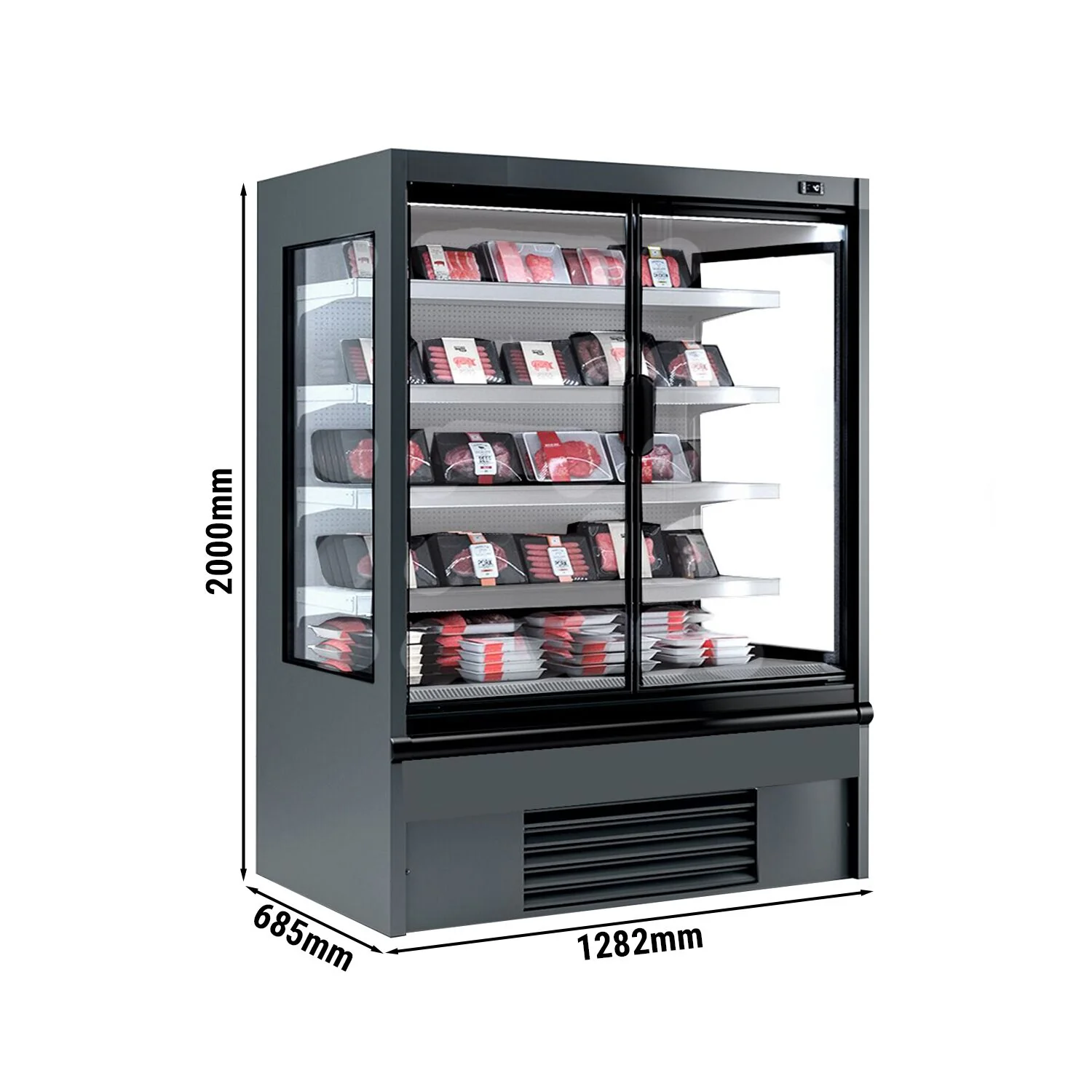 Kjølereol - 1 330 mm - 455 l - +2 °C til +4 °C - med 2 hengslede glassdører, med dobbelt isolerglass & 4 hyller - grå