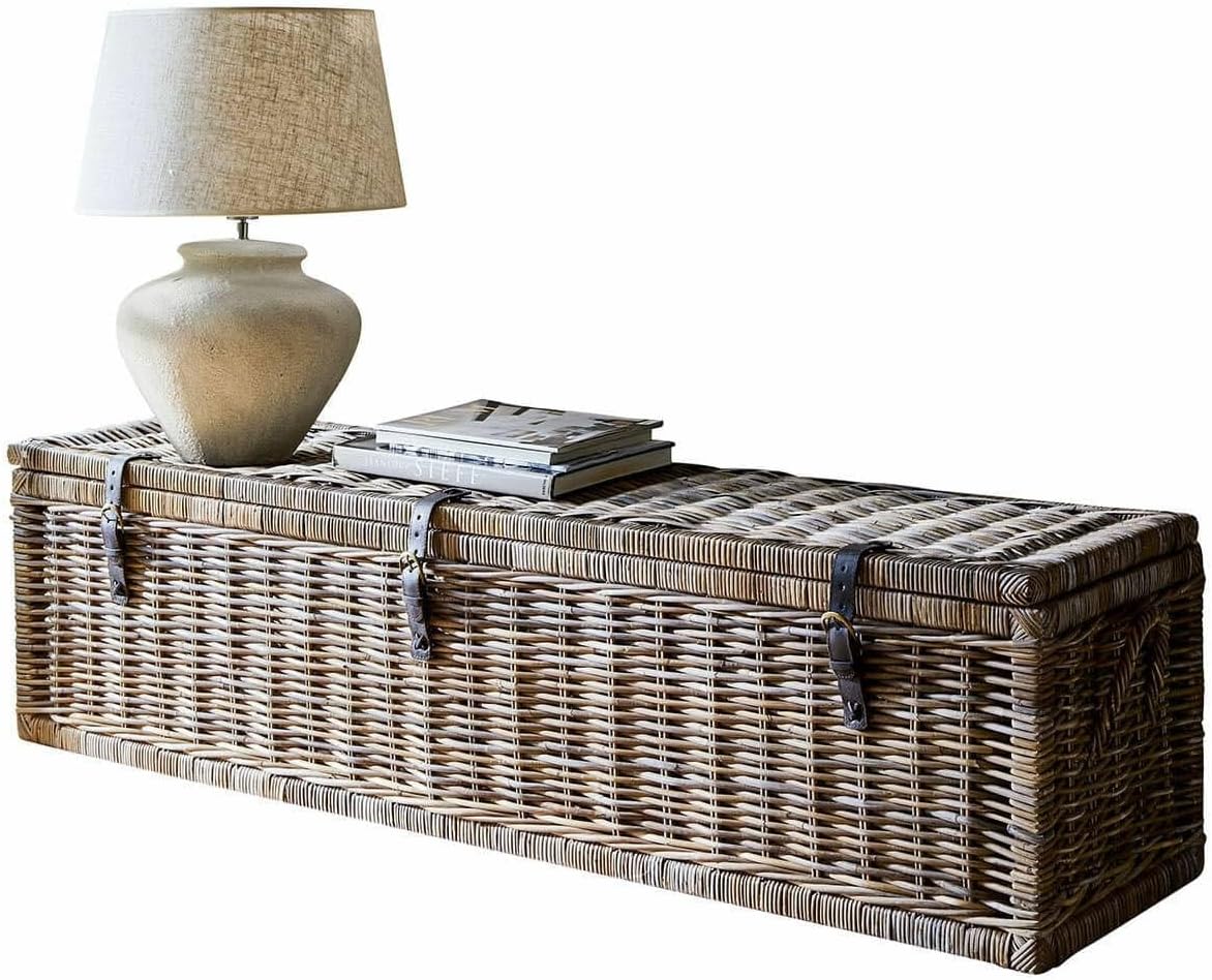 Loberon Truhe Hailee, Handgeflochten, Unterteilter Stauraum, Aufbewahrung, Ordungshelfer, Rattan, Büffel-Veloursleder, braun