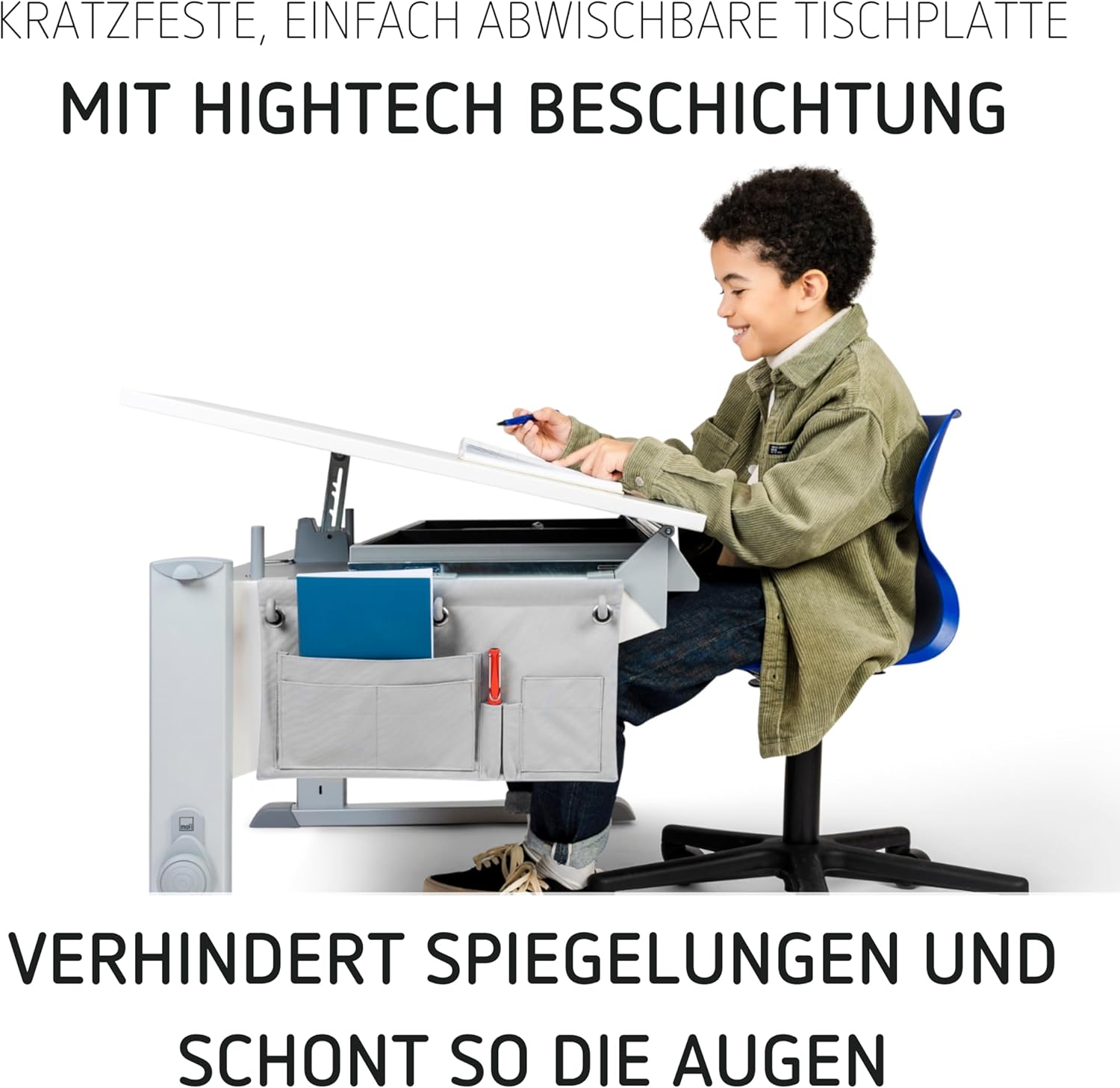 Moll Sprinter Kinderschreibtisch höhenverstellbar | mitwachsend, ergonomisch & neigbar für aufrechtes Sitzen | ideal für Schulkinder | Schreibtisch weiß optional mit Schublade | Made in Germany