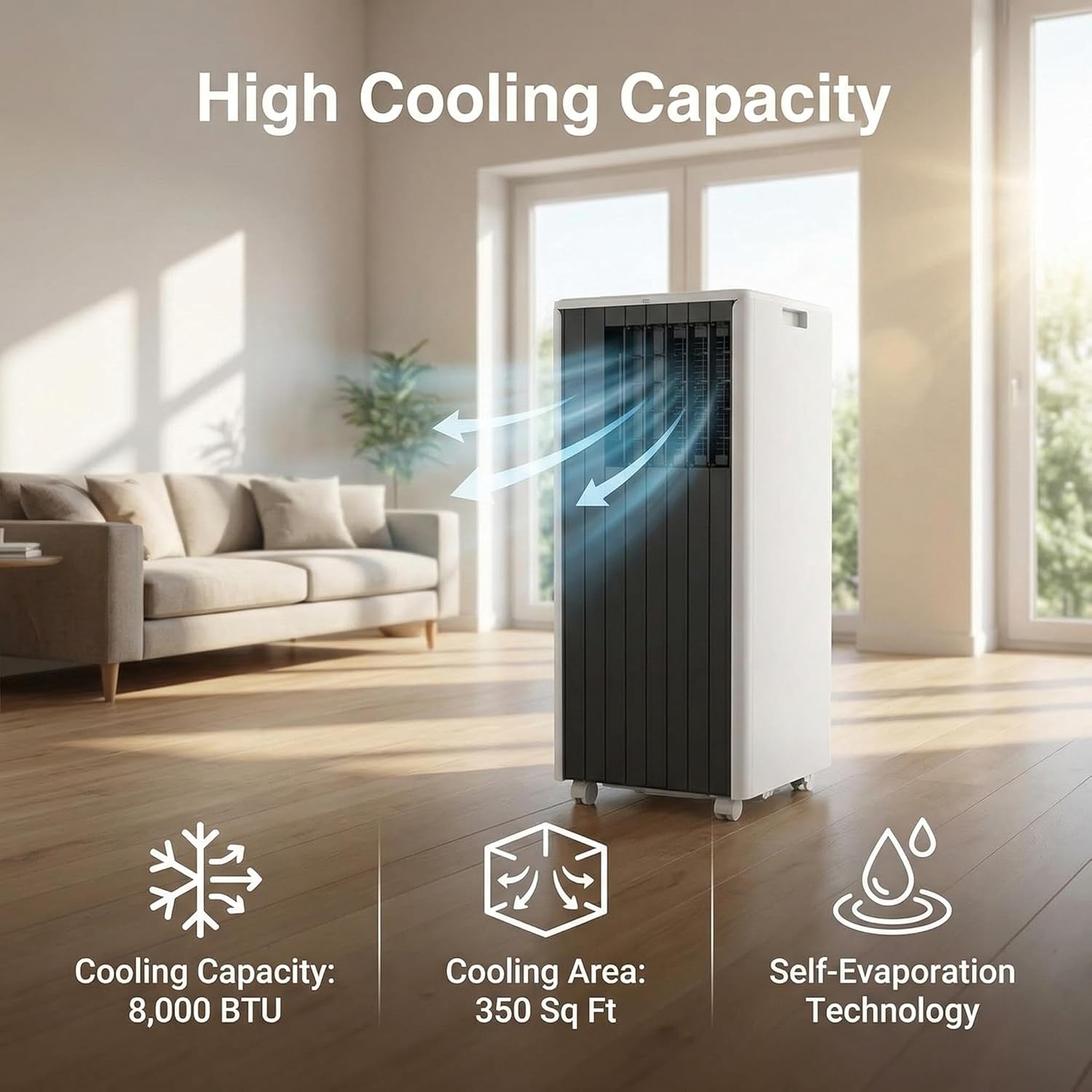 Mobile Klimaanlage, 8000 BTU, 3 in 1 AC Kühlung, tragbare Klimaanlage mit Sleep-Modus, Bodenklimaanlage ohne Belüftung, 3 Lüfter