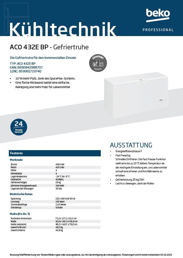 Beko Professional, ACO 432E_BP Gefriertruhe, Weiß, 140,5 x 69,8 x 91,6 cm, 432 Liter Nutzinhalt, 46,9 kg, -24°C bis -6°C Betriebstemperatur