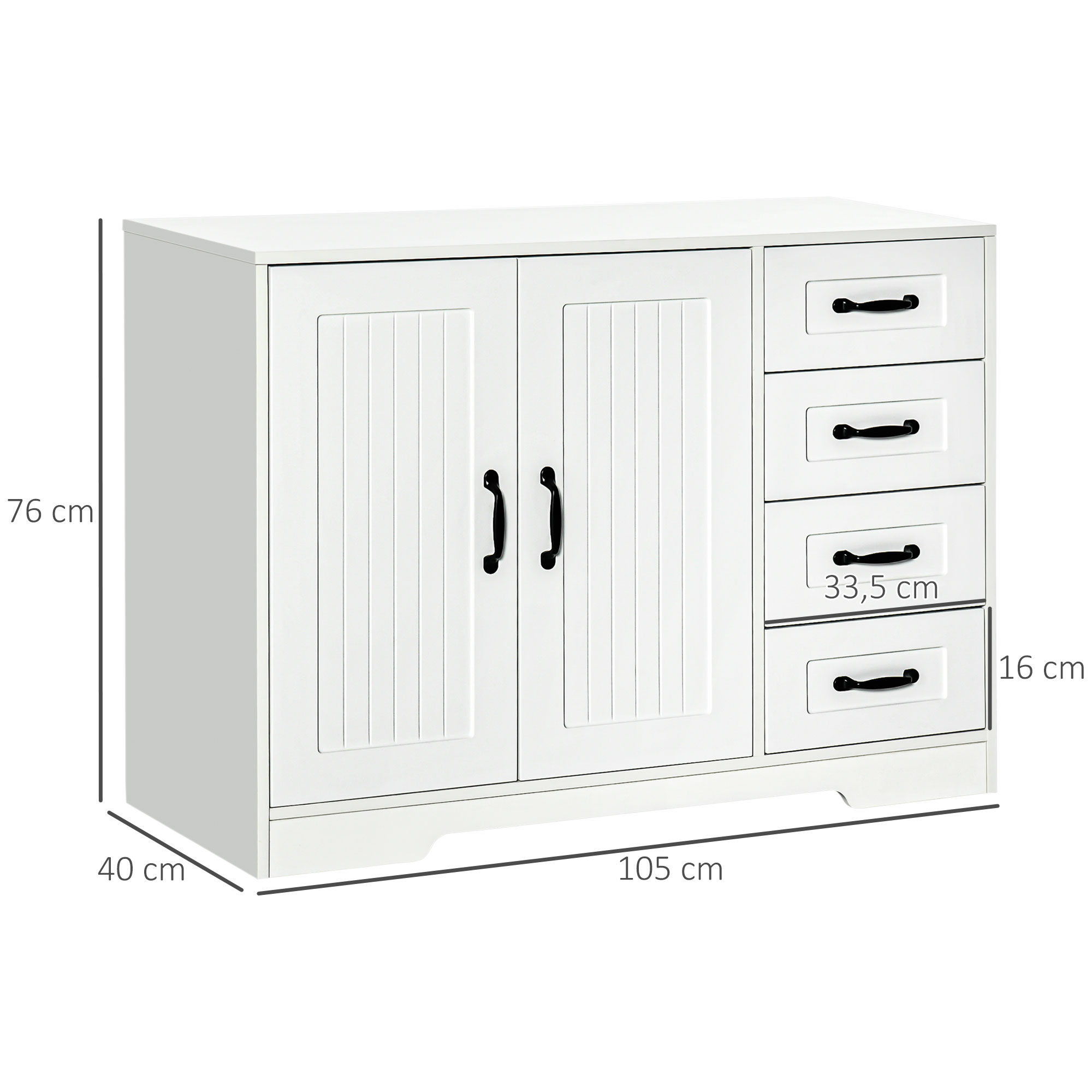 Sideboard Dressoir, Modern Stijl, 4 Lades, 1 Kast, 105 cm x 40 cm x 76 cm, Wit
