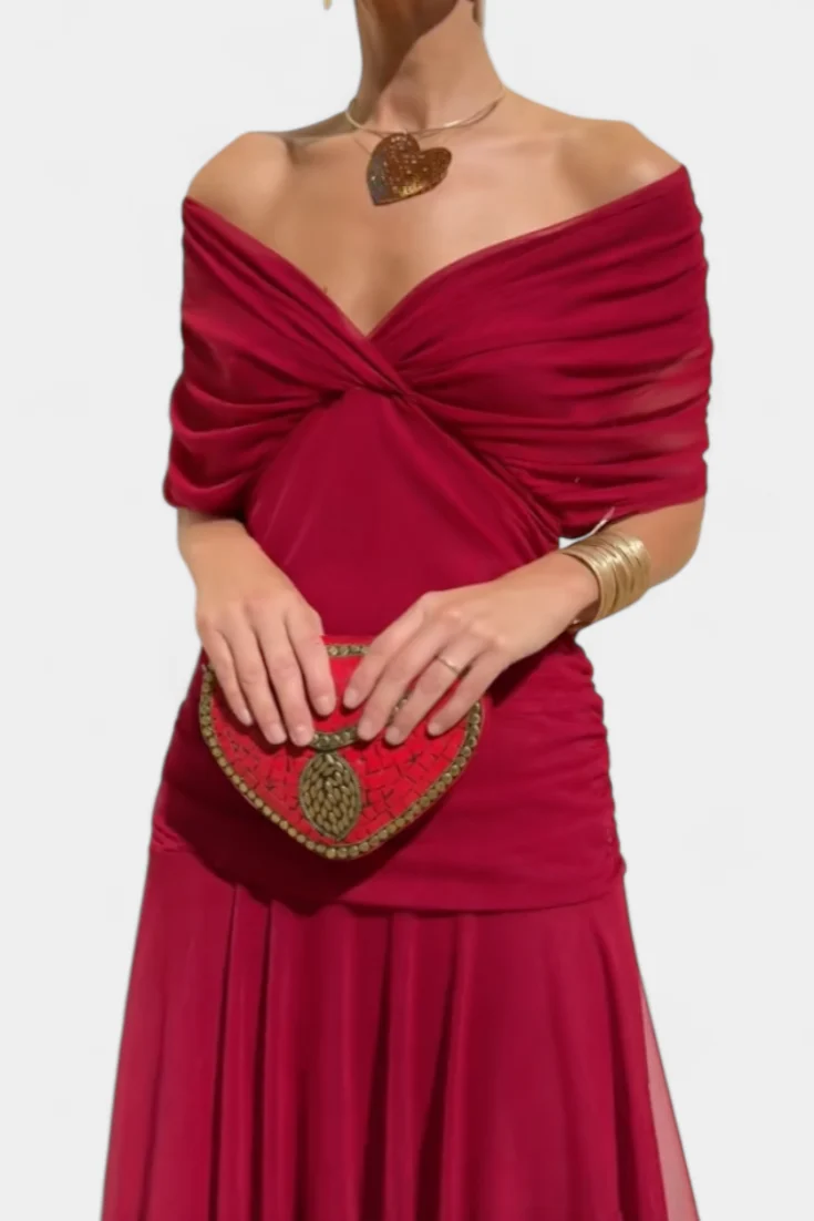 Schulterfreies gerafftes Maxikleid f��r Hochzeitsg?ste