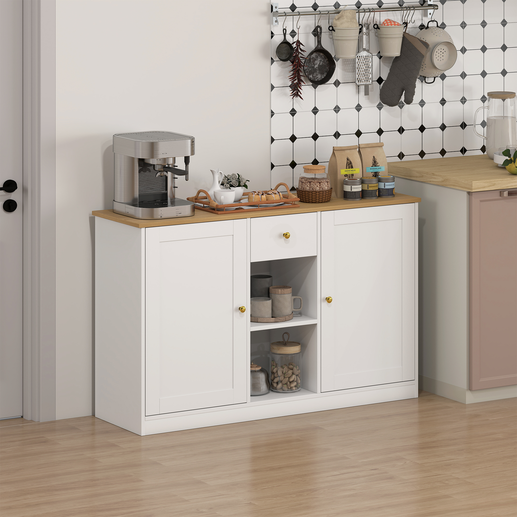 Keukenkommode, Sideboard met Lade, Kasten, Schappen, Spaanplaat, Wit