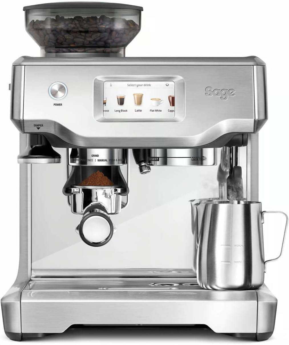 Sage - The Barista Touch - Kaffeemaschine mit automatischem Milchaufschäumer & integriertem Mahlwerk - Touchscreen, abnehmbarer Tamper, 5 Voreinstellungen - Siebträgermaschine - Gebürsteter Edelstahl
