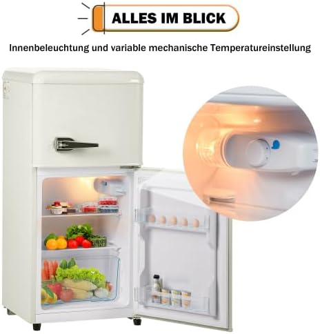 Merax Retro Kühlschrank mit Gefrierfach – 60L Mini Kühlschrank, 22L Gefrierfach, 38L Kühlfach, 7 Temperaturstufen, Energieeffizienzklasse E, Cremeweiß, 102 kWh/Jahr