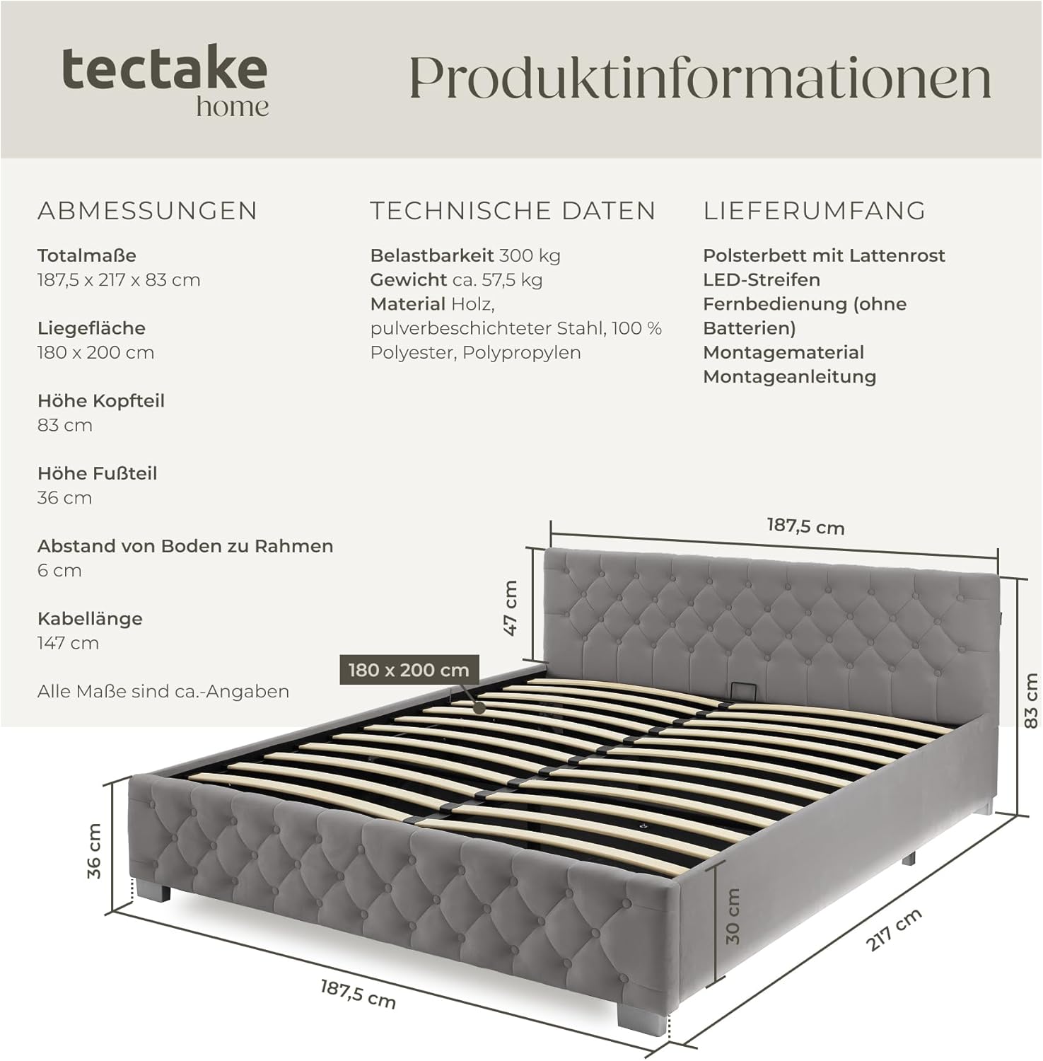 tectake® Chesterfield, Bett 180 x 200 cm, Schlafzimmer Bett mit Bettkasten, Polsterbett, Bett mit Stauraum, Doppelbett, Jugendbett, King Size Bed, Schlafbett, Gaming Bett mit LED, dunkelgrau