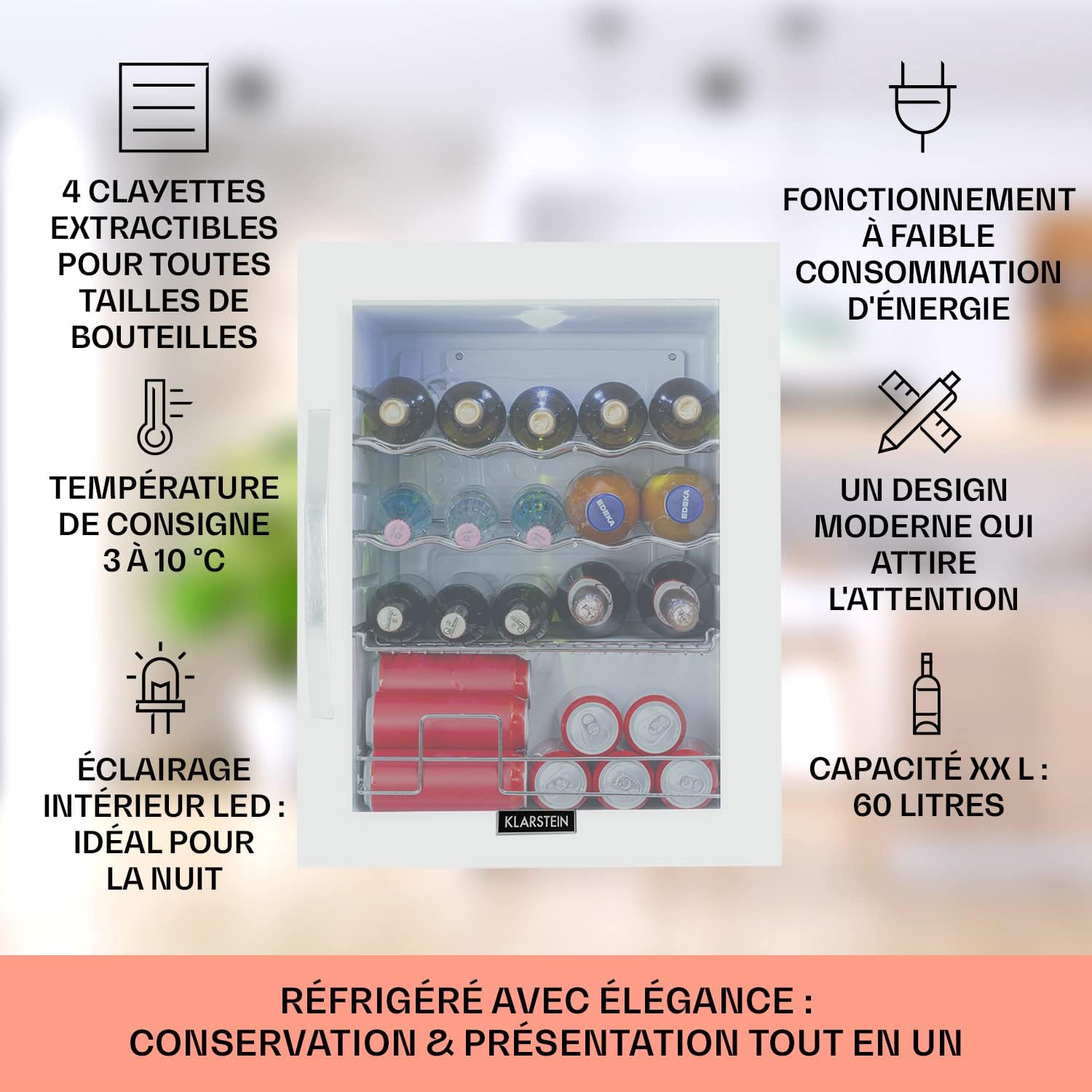 KLARSTEIN Mini Frigo de Chambre et Bureau pour Boisson, Petit Frigo Silencieux, Refrigerateur Mini Bar 60L, Petit Réfrigérateur Camping, Étagères Réglables, Ondulés pour le Vin, Cannette, Beer Fridge