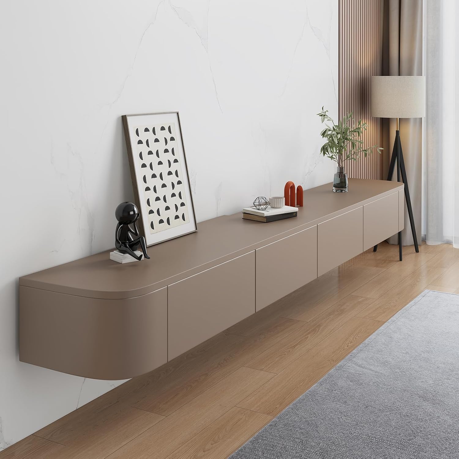 Schwebender TV-Ständer, Wandmontierte TV-Regale Mit Tür, TV-Medienkonsole, Schwebender TV-Schrank, Große TV-Bank Mit Stauraum Unter Dem Fernseher(Khaki,300CM/118.1