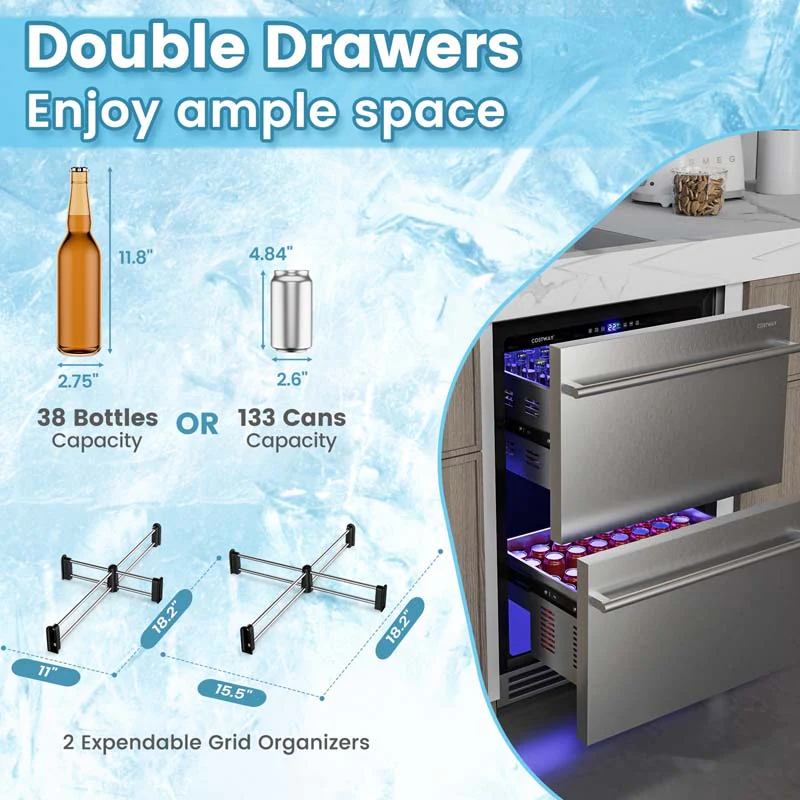 Eletriclife 24 Inch Under Counter Dual Drawer Fridge with 37�H-64�H Temperature Range
