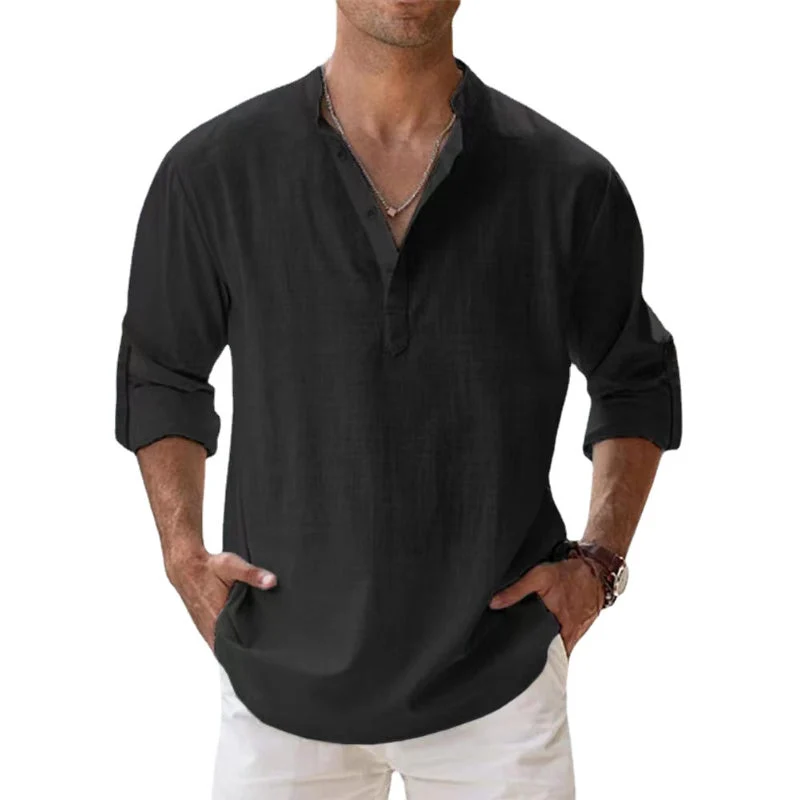 Herren Leinenhemd mit Henley-Ausschnitt | Atmungsaktives Sommerhemd aus leichtem Leinen | Klassisches Freizeit-Shirt Langarm