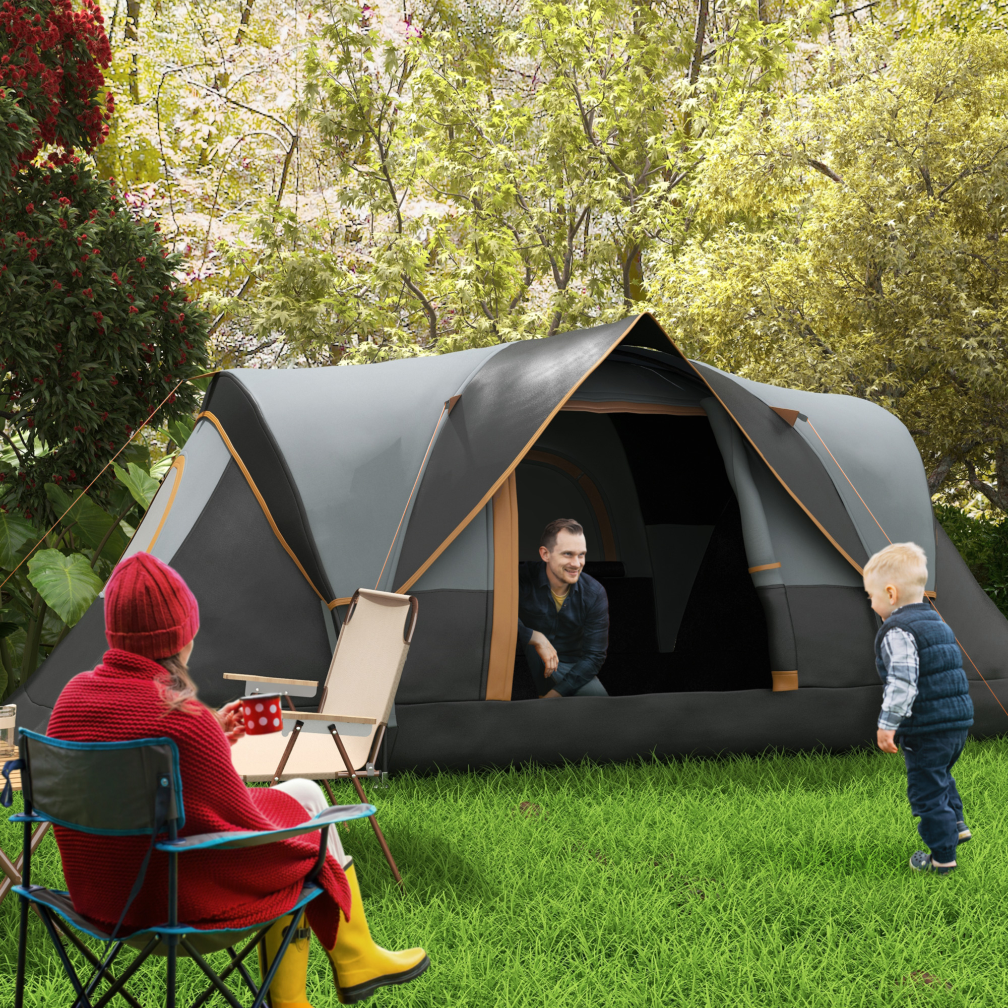Kampeertent voor 5-6 Personen, Familietent, Draagtas, 4,55x2,2x1,8m, Lichtgrijs/Zwart