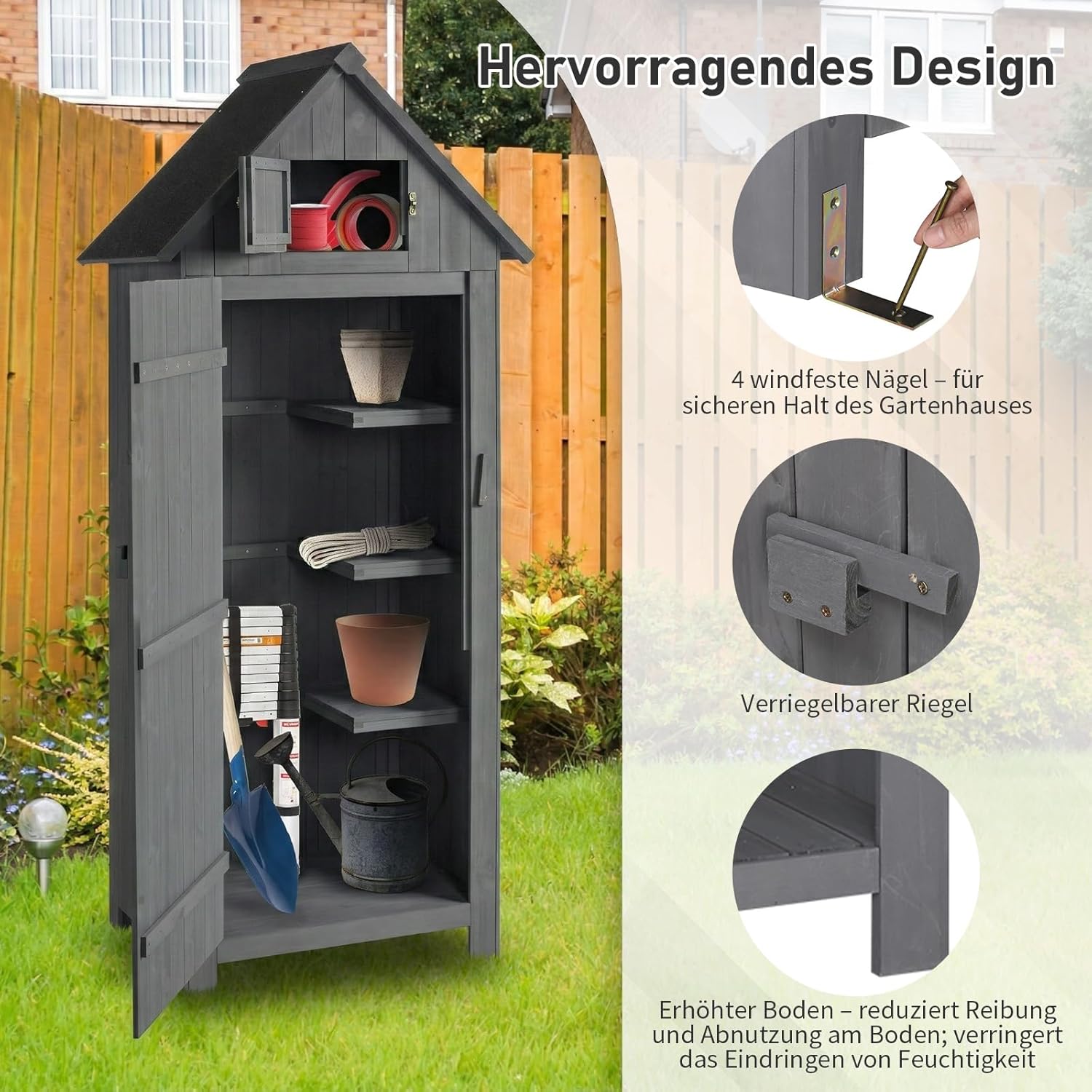 LEADZM Gartenschrank Holz für Außenbereich, gartenhaus Holz, Grau, 3 Regalböden, geräteschuppen für Garten, Terrasse, 77 X 54 X 180 cm