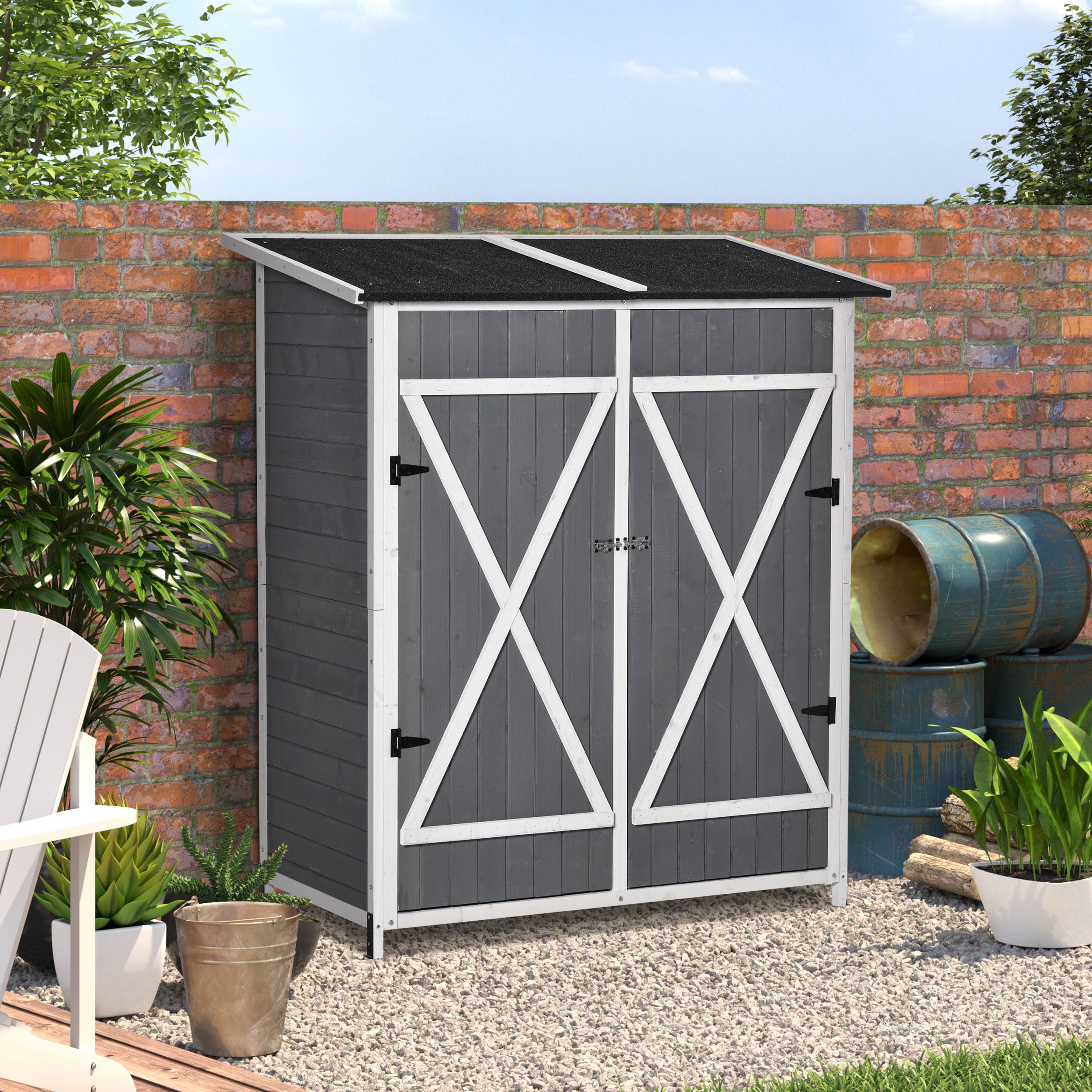 gereedschapsschuur met 2 deurs gereedschapskast met asfaltdak Tuin opbergkast anti-dumping design met grondspijkers dennenhout grijs + wit 139 x 75 x 160 cm