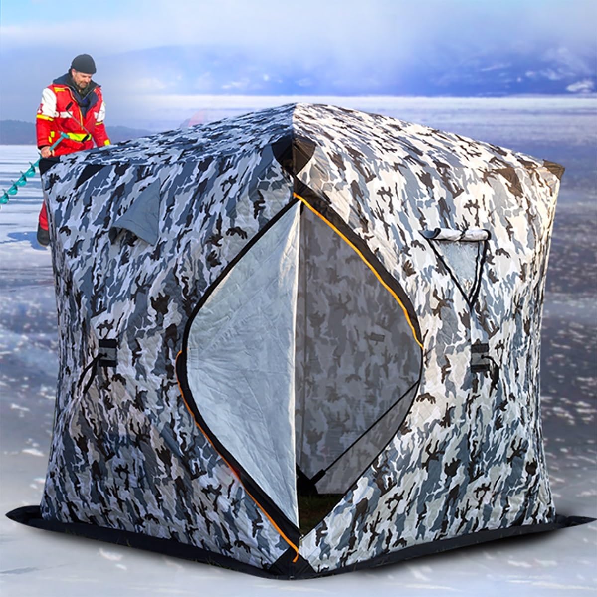 COUCHO Tragbarer Schutz for Eisangeln, Winter-Eisangelzelt for 3–4 Personen, warmes Outdoor-Pop-up-Camping-Eisangelzelt aus Baumwolle mit Tragetasche und Reißverschlusstür, Thermohütte for Eisangeln