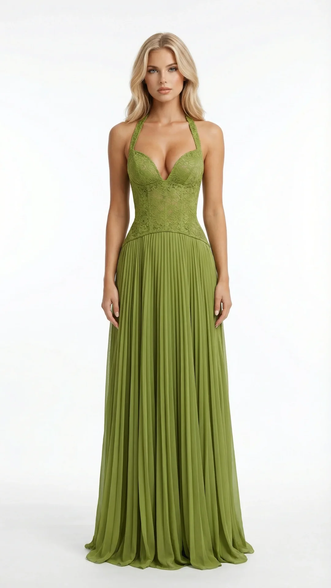 Maxikleid mit Korsett-Oberteil und Plissee-Rock | Elegantes Abendkleid f��r Hochzeitsg?ste mit Halterneck-Ausschnitt