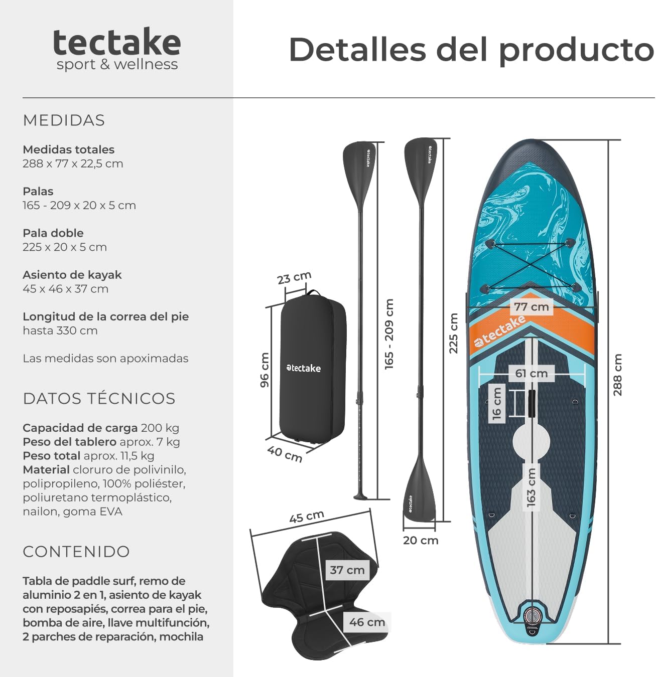 tectake® Tabla de Paddle Surf Hinchable, Incluye Remo 2 en 1, Asiento de Kayak, Bomba de Aire, Mochila de Transporte, Stand Up Paddle, Accesorios Paddle Surf, Tabla Hinchable