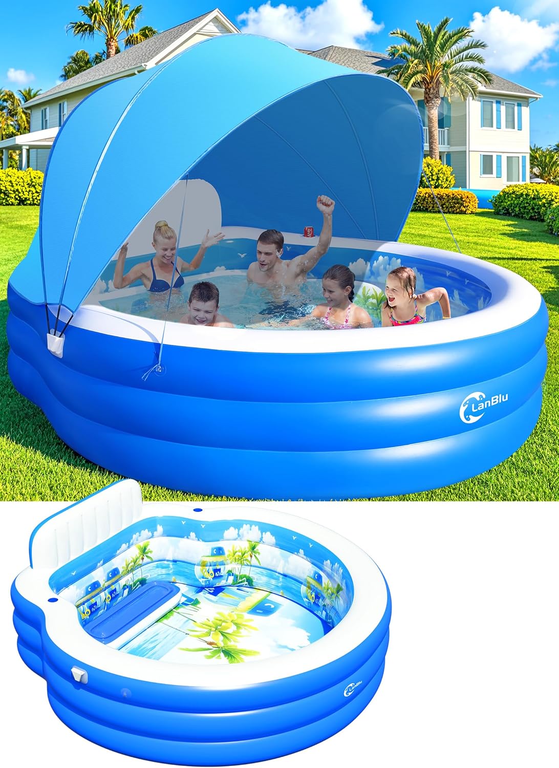 2025 Upgraded Inflatable Pool with Canopy. Inflatable Family Lounge Pool. Round Blow Up Pool for Adult with Bench & Backrest. Swim Center Easy Backyard Pools for Kids & Adults. 92x92x26. Blue