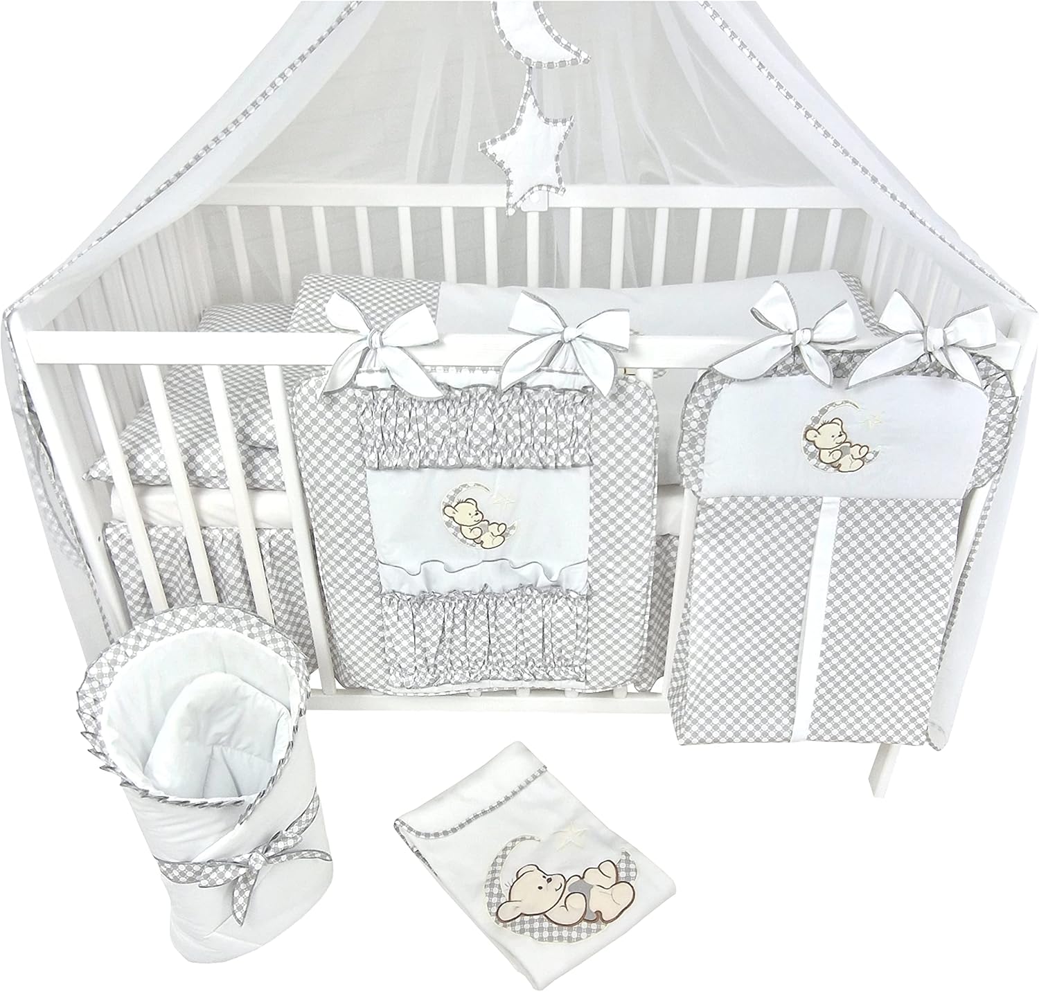 Bello24 - 16 Teiliges Babybett Kinderbett und Bettwäsche komplett Set Happy Leo inkl. Matratze höhenverstellbar für Neugeborene Babys und Kleinkinder aus Massivholz (Grau - Teddybär Mond)