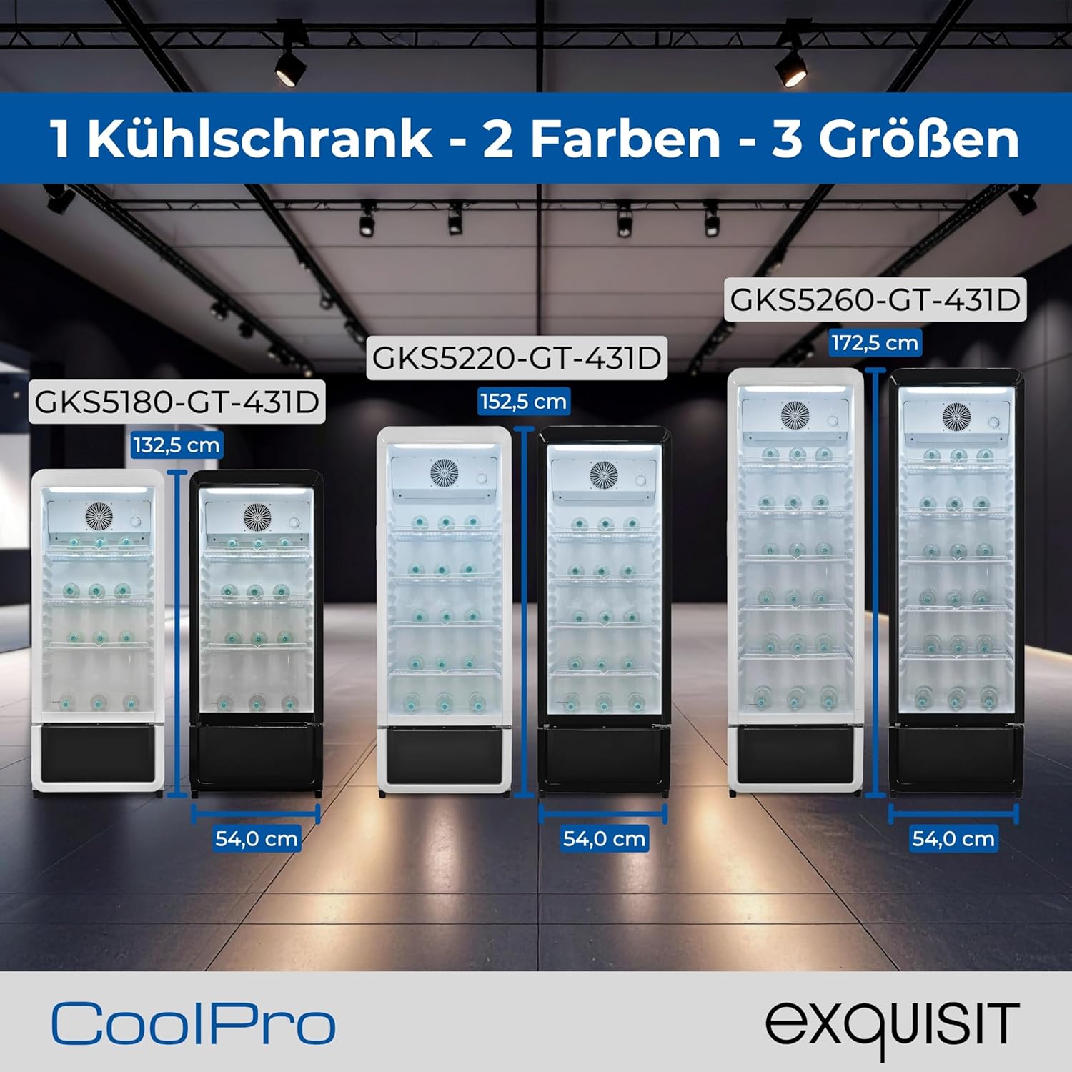 Exquisit Glastürkühlschrank, 280l Getränkekühlschrank mit LED, Umluft, 5 verstellbare Ablagen, CoolPro, GKS5260-GT-431D schwarz