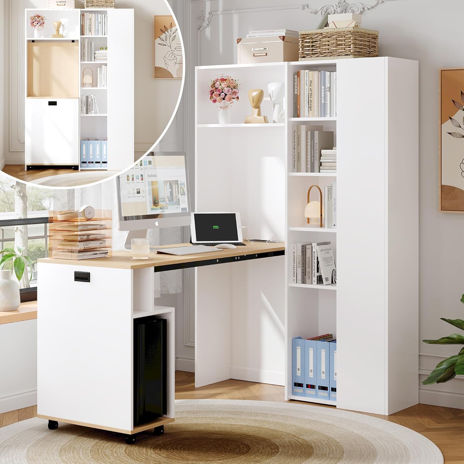 Merax klappbarer Schreibtisch mit Regal, 2 in 1 Bücherregal und Arbeitstisch mit Steckdose und USB, höhenverstellbare Ablagen, platzsparender Eck Schreibtisch mit Kippschutz, einfache Montage, Weiß