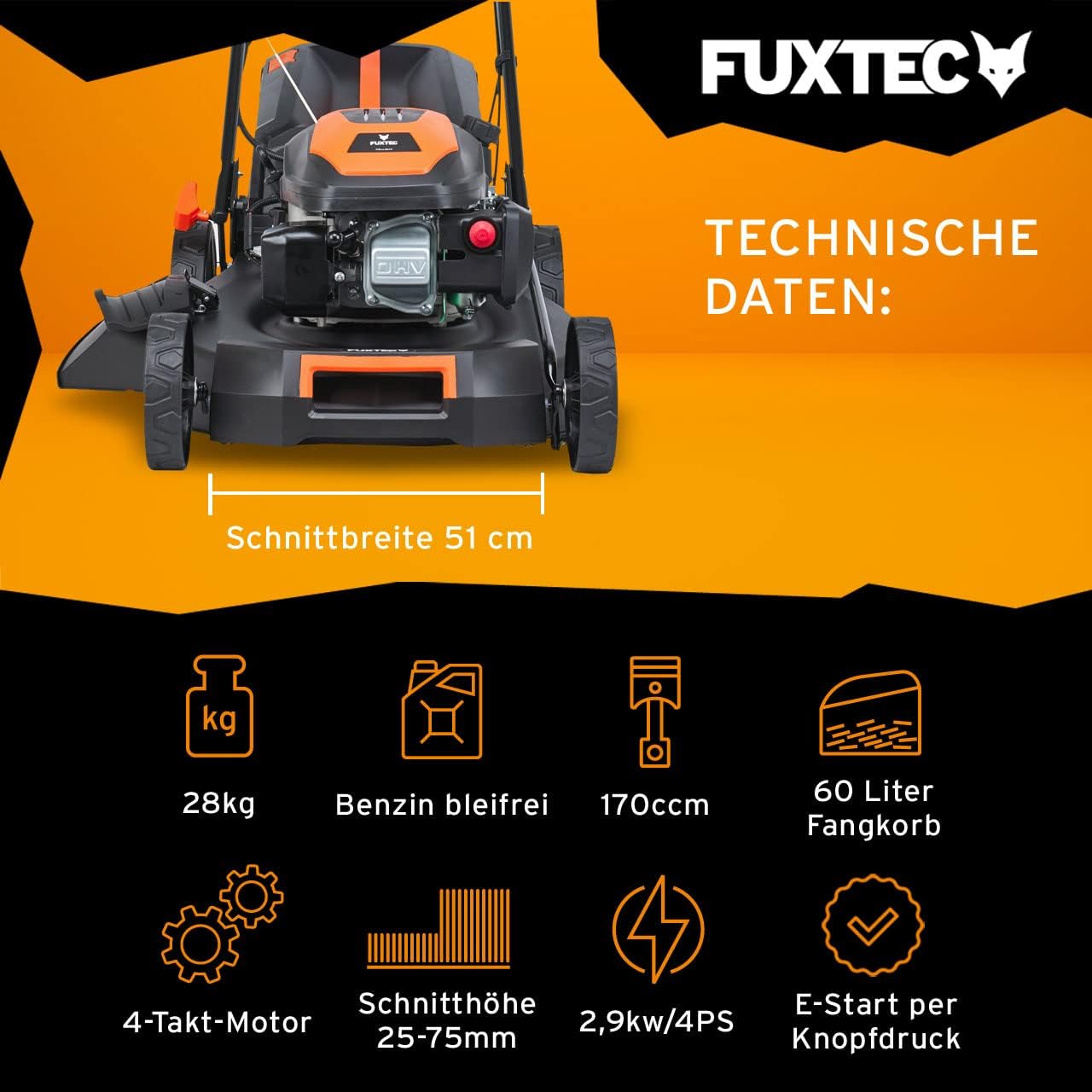 FUXTEC 4in1 Benzin Rasenmäher FX-RM5196eSPRO mit E-Start und regulierbarem Selbstantrieb, Gartenmäher inkl. Frontstoßstange, 51 cm Schnittbreite, kugelgelagerte Big Wheel Räder, 60L Grasfangkorb