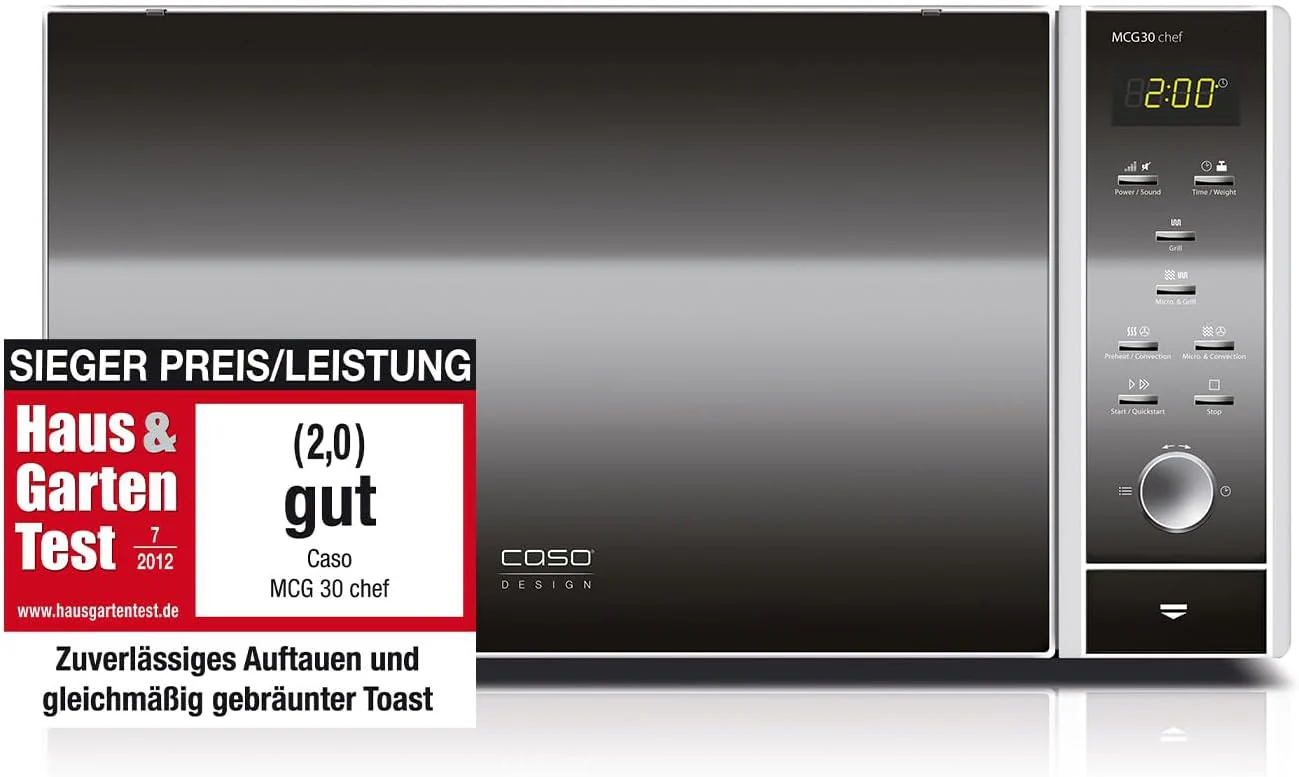 CASO MCG30 Ceramic chef Testsieger Haus & Garten Test, 3in1 Mikrowelle mit Grill + Hei?luft 2100W 30L, Borosilikatglasboden, Backofen-Funktion bis 200��C